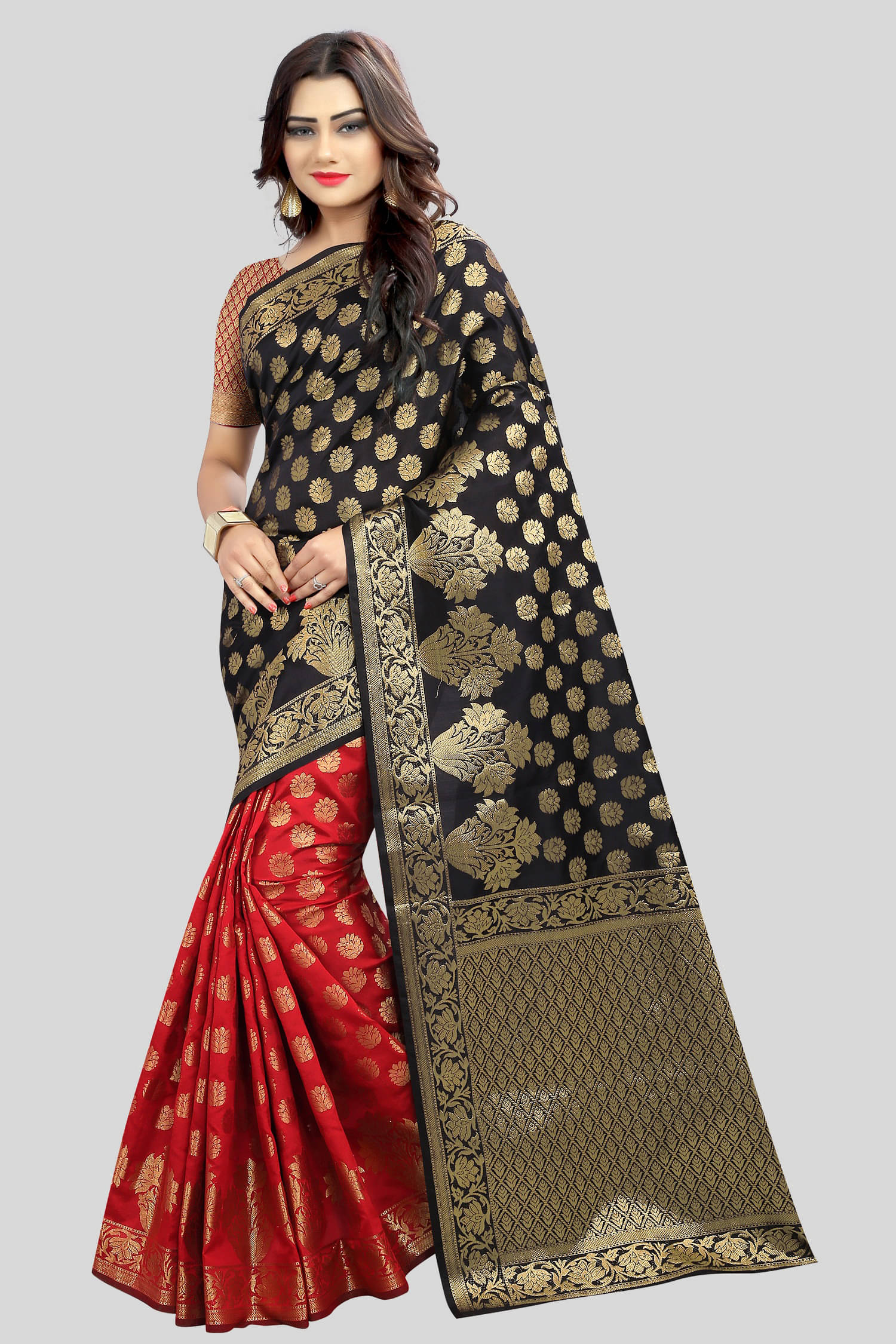     			Gazal Fashions Banarasi Silk Embellished Saree With Unstitched Blouse Piece ( Black )