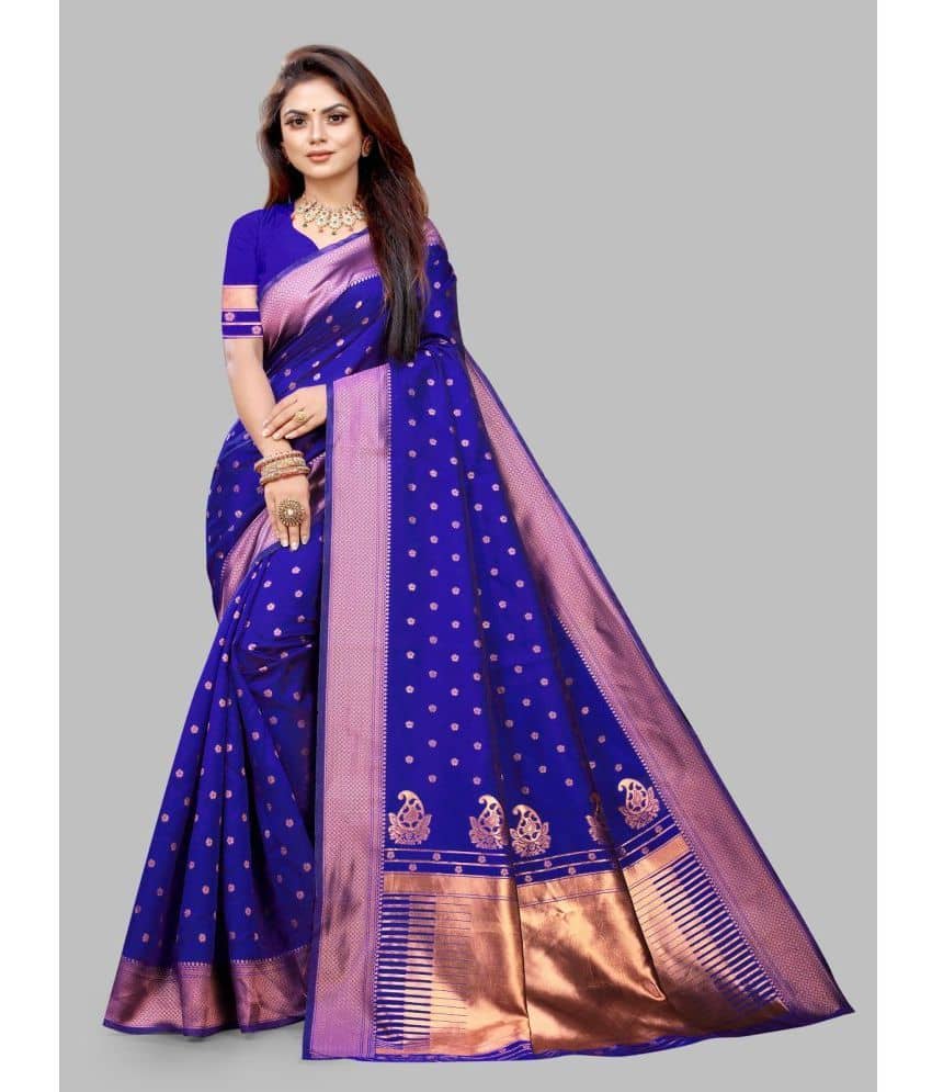 Gazal Fashions Banarasi Silk Embellished Saree With Unstitched Blouse Piece ( Blue ) - Sarees | Buy online on ZillyBuy
