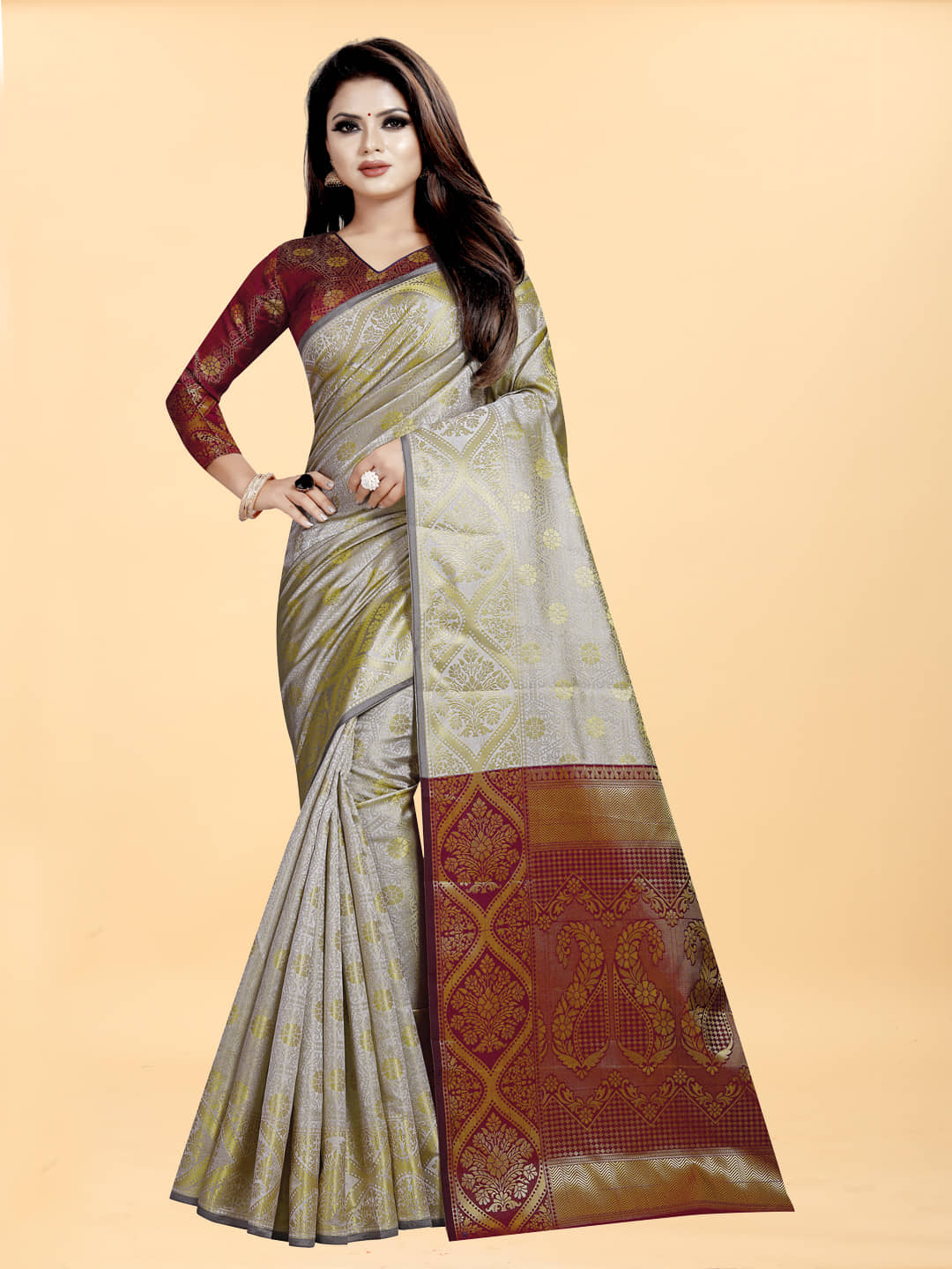 Gazal Fashions Banarasi Silk Embellished Saree With Unstitched Blouse Piece ( Red ) - Sarees | Buy online on ZillyBuy