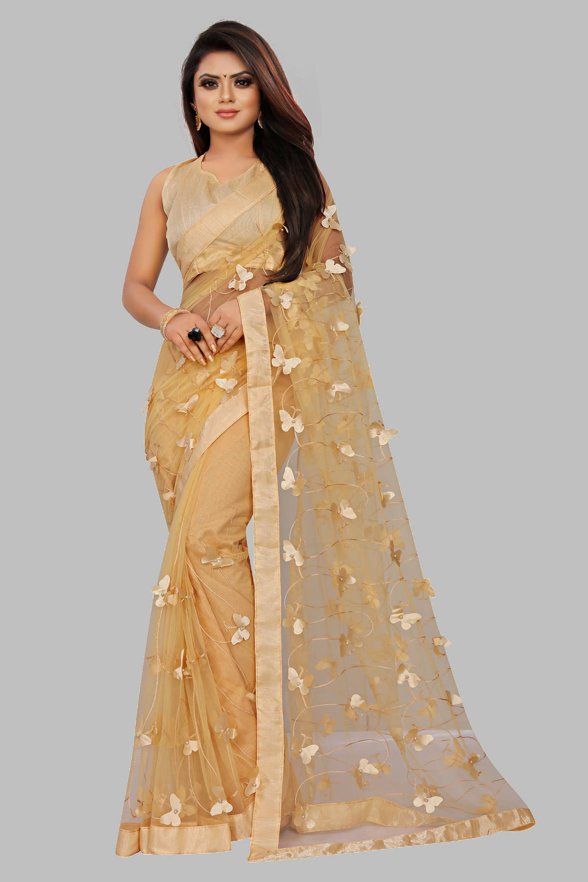     			Gazal Fashions Net Applique Saree With Unstitched Blouse Piece ( Cream )