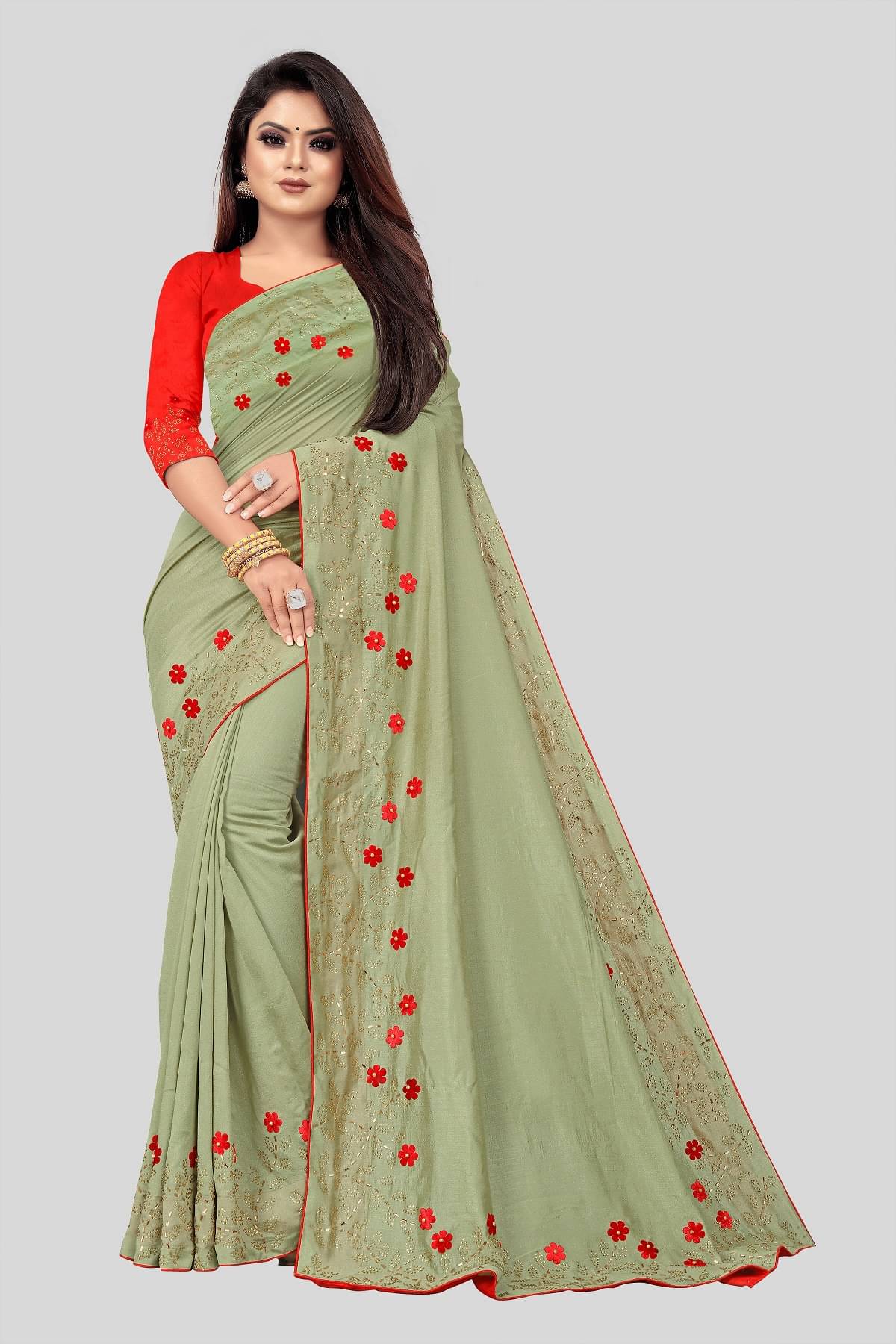     			Gazal Fashions Georgette Embellished Saree With Unstitched Blouse Piece ( Green )