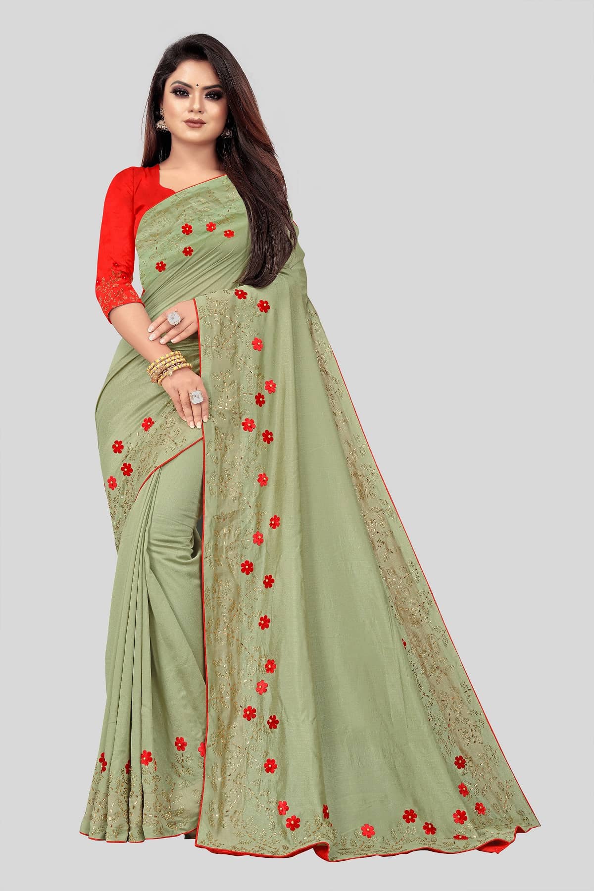 Gazal Fashions Silk Embellished Saree With Unstitched Blouse Piece ( Green ) - Sarees | Buy online on ZillyBuy