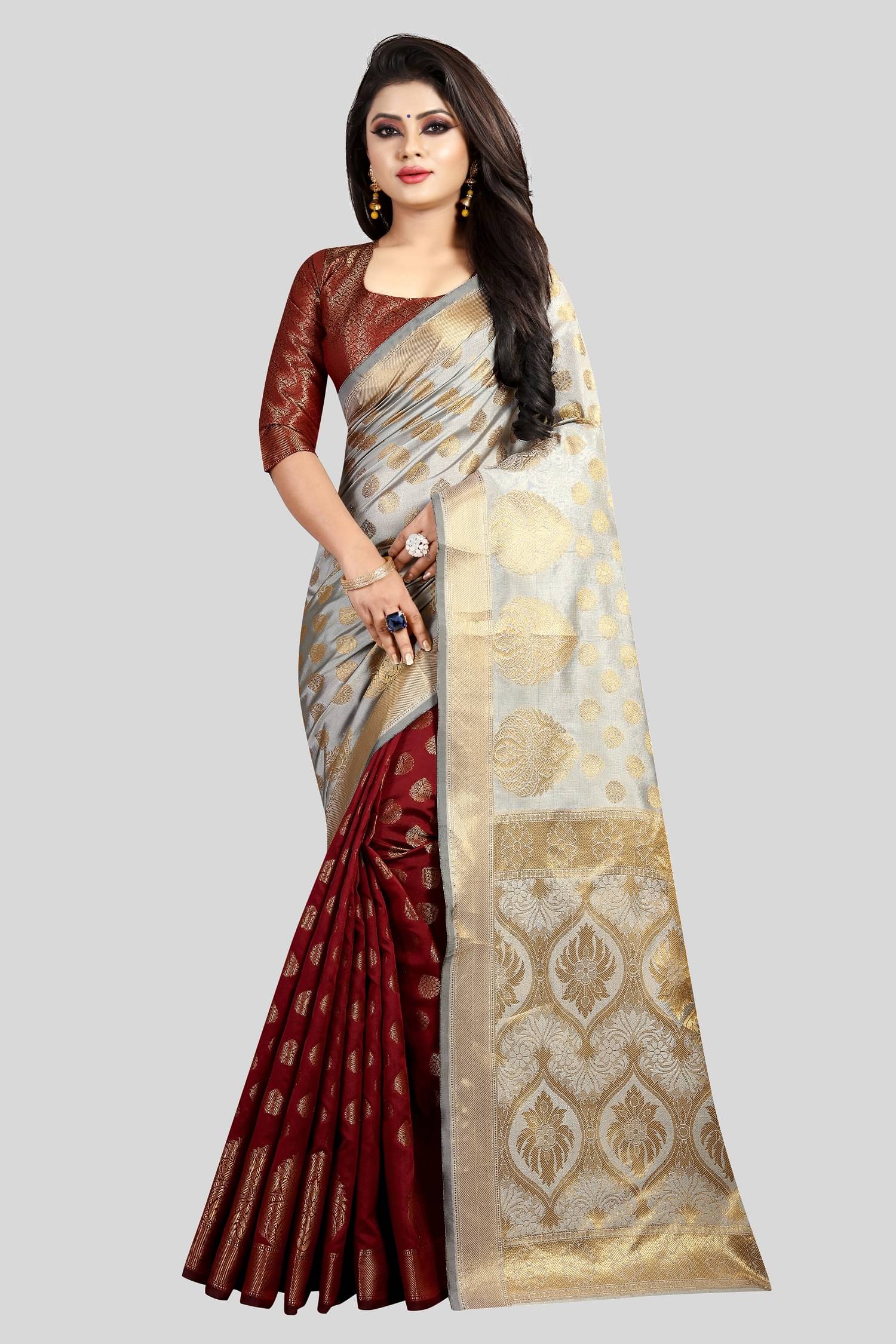     			Gazal Fashions Banarasi Silk Embellished Saree With Unstitched Blouse Piece ( Maroon )