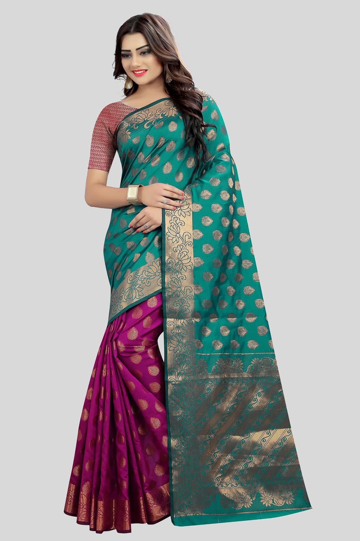 Gazal Fashions Banarasi Silk Embellished Saree With Unstitched Blouse Piece ( Red ) - Sarees | Buy online on ZillyBuy