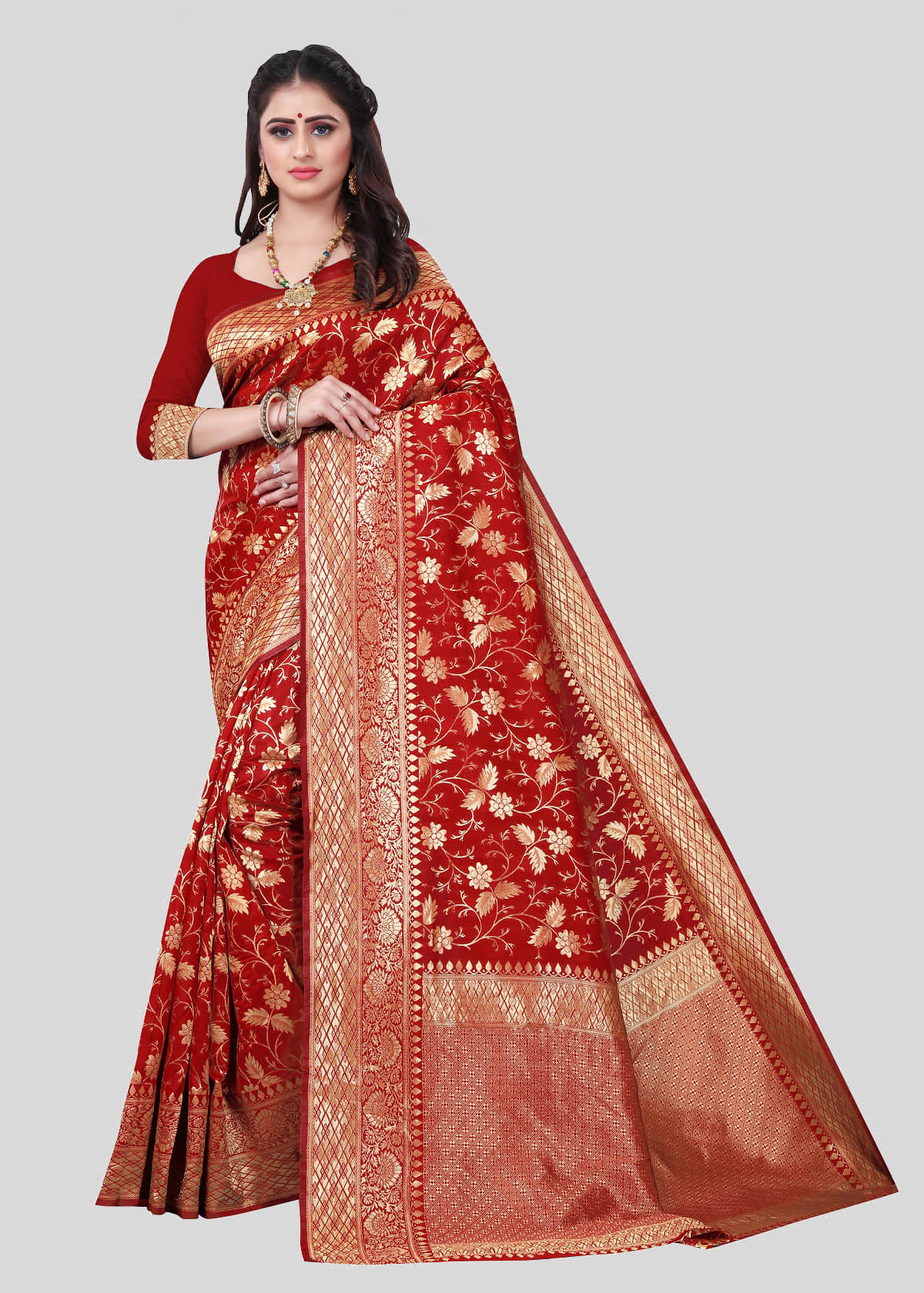 Gazal Fashions Banarasi Silk Embellished Saree With Unstitched Blouse Piece ( Red ) - Sarees | Buy online on ZillyBuy