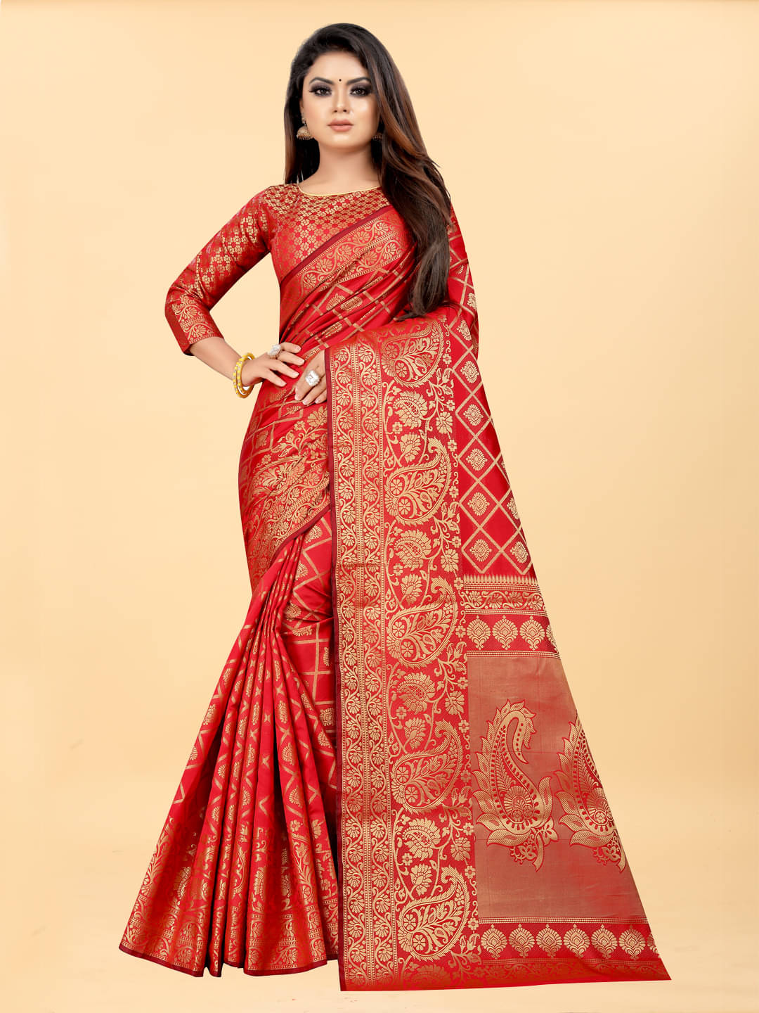     			Gazal Fashions Banarasi Silk Embellished Saree With Unstitched Blouse Piece ( Red )