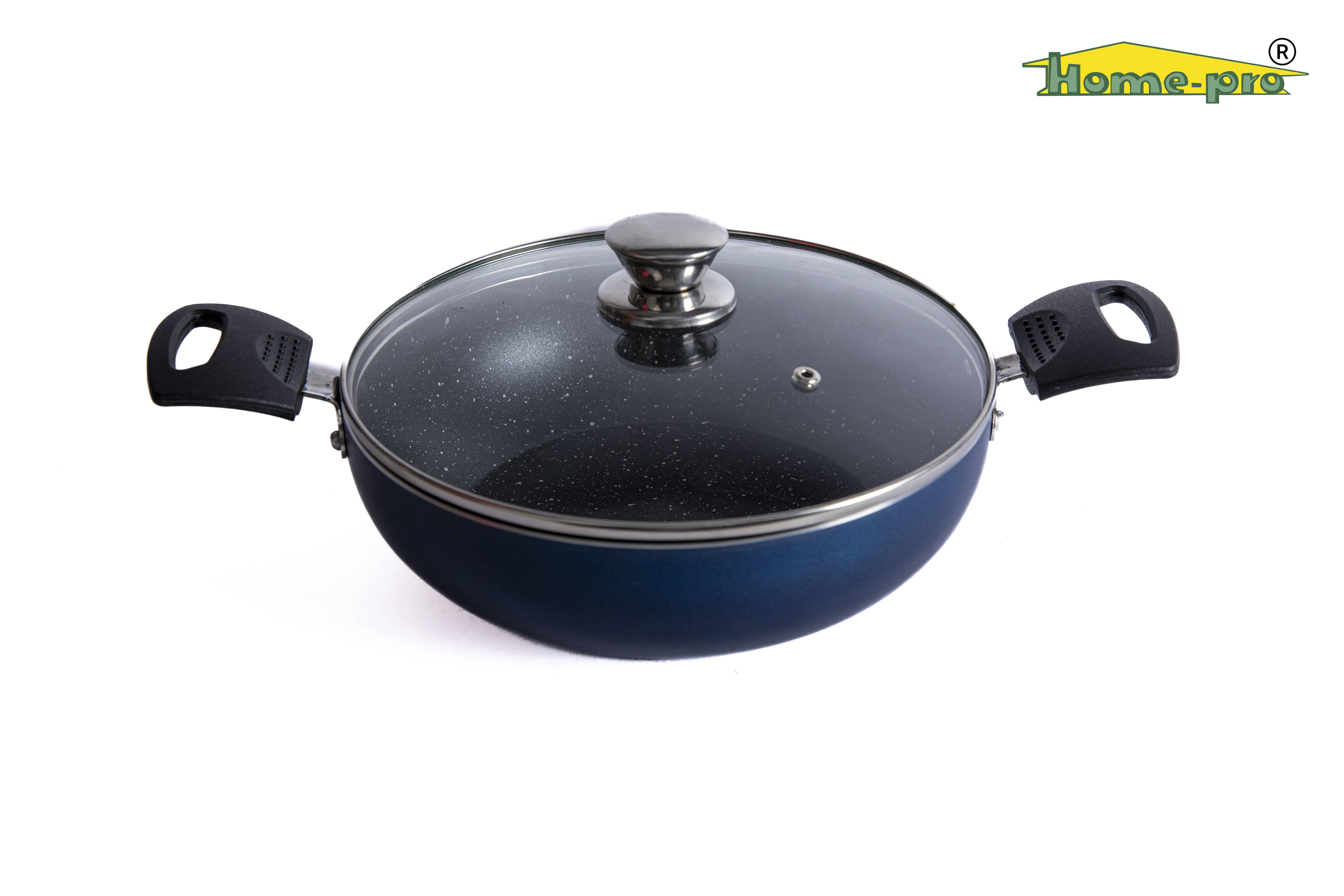 HomePro - Non-stick premium Kadai / kadhai with glass lid, , 4 Layer Coating 3mm thick, Diameter 24.5cm PFOA free and food grade, Gas Stove and Induction compatible, Blue - Cookware | Buy online on ZillyBuy
