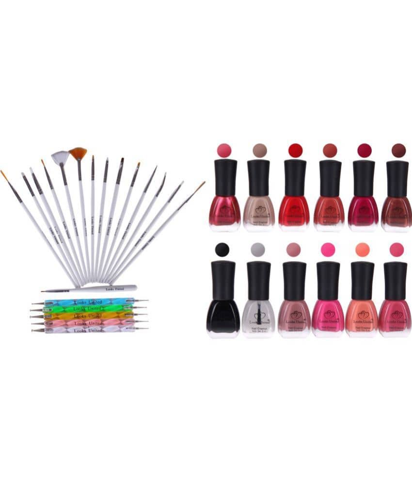 Looks United 15 Nail Art Brushes 5 Dotting Tools And 12 Nail Lacquers ( Pack of 30 )