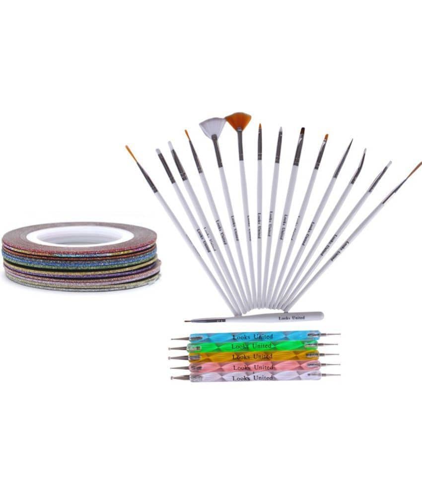 Looks United 15 Nail Art Brushes, 5 Dotting Tools, 5 Striping Tape Rolls (Pack Of 25)