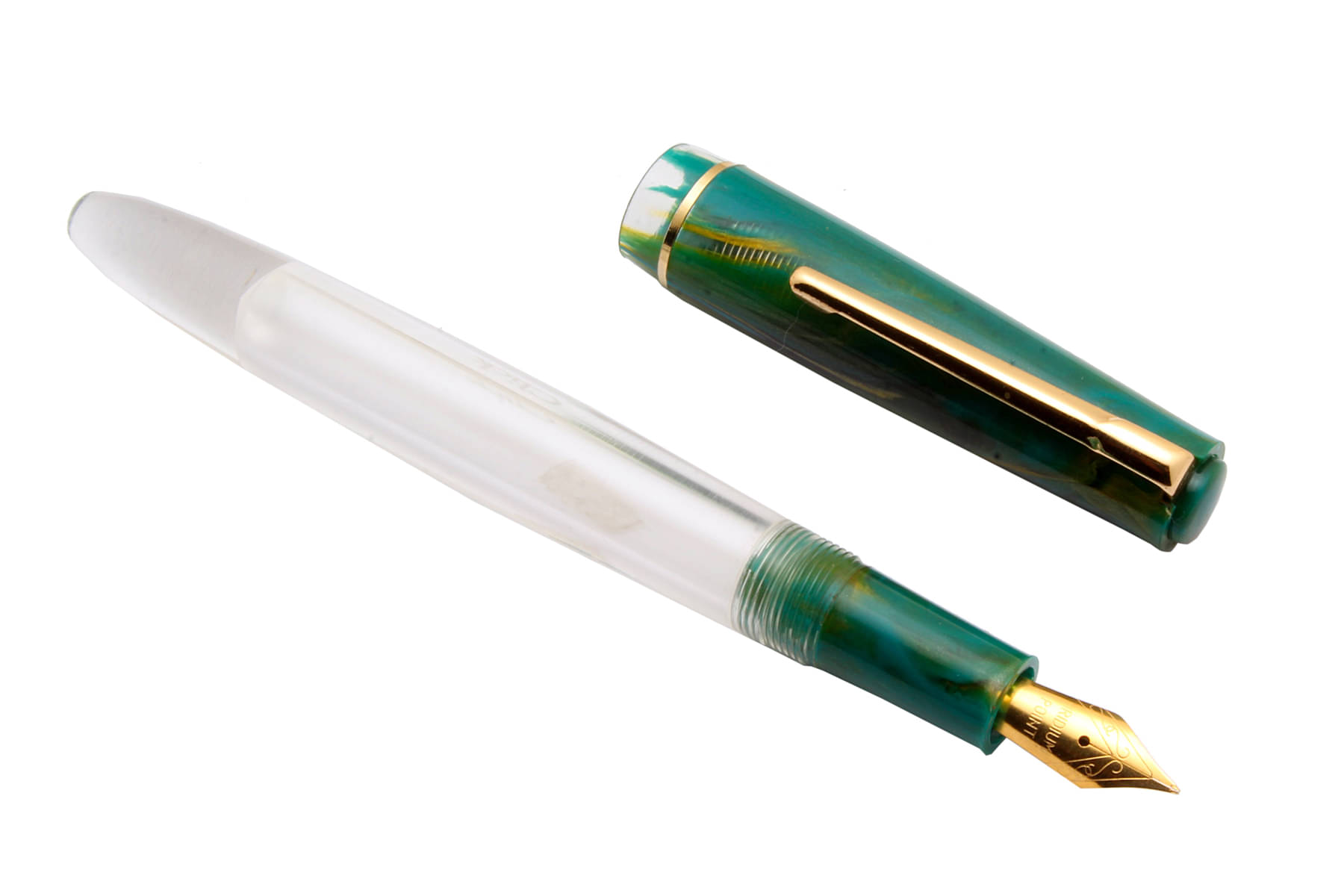     			Srpc Click Black Bird Demonstrator Acrylic Fountain Pen Eyedropper System Golden Trims Marble Teal Blue Cap