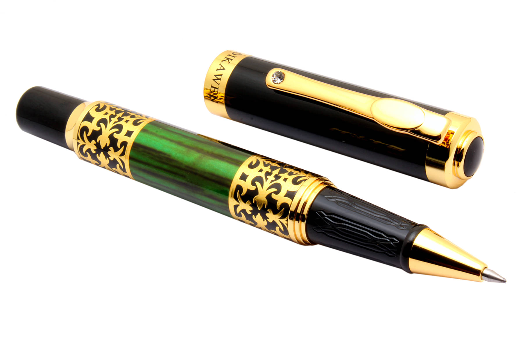     			Srpc Dikawen Royal Forest Green Wood Textured Metal Body Golden Trims Blue Ink Refill Roller Ball Pen