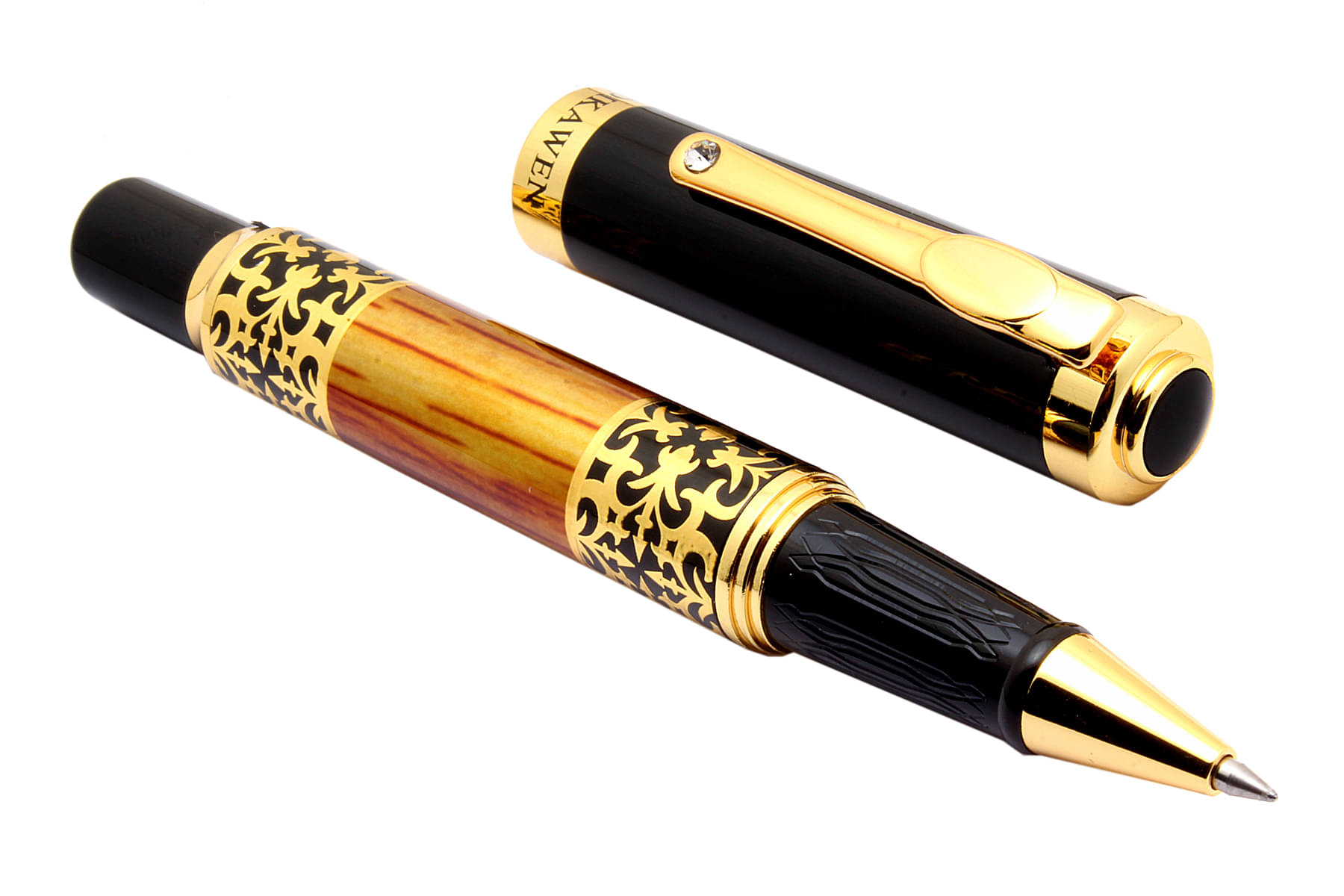     			Srpc Dikawen Royal Orange Wood Textured Metal Body Golden Trims Blue Ink Refill Roller Ball Pen