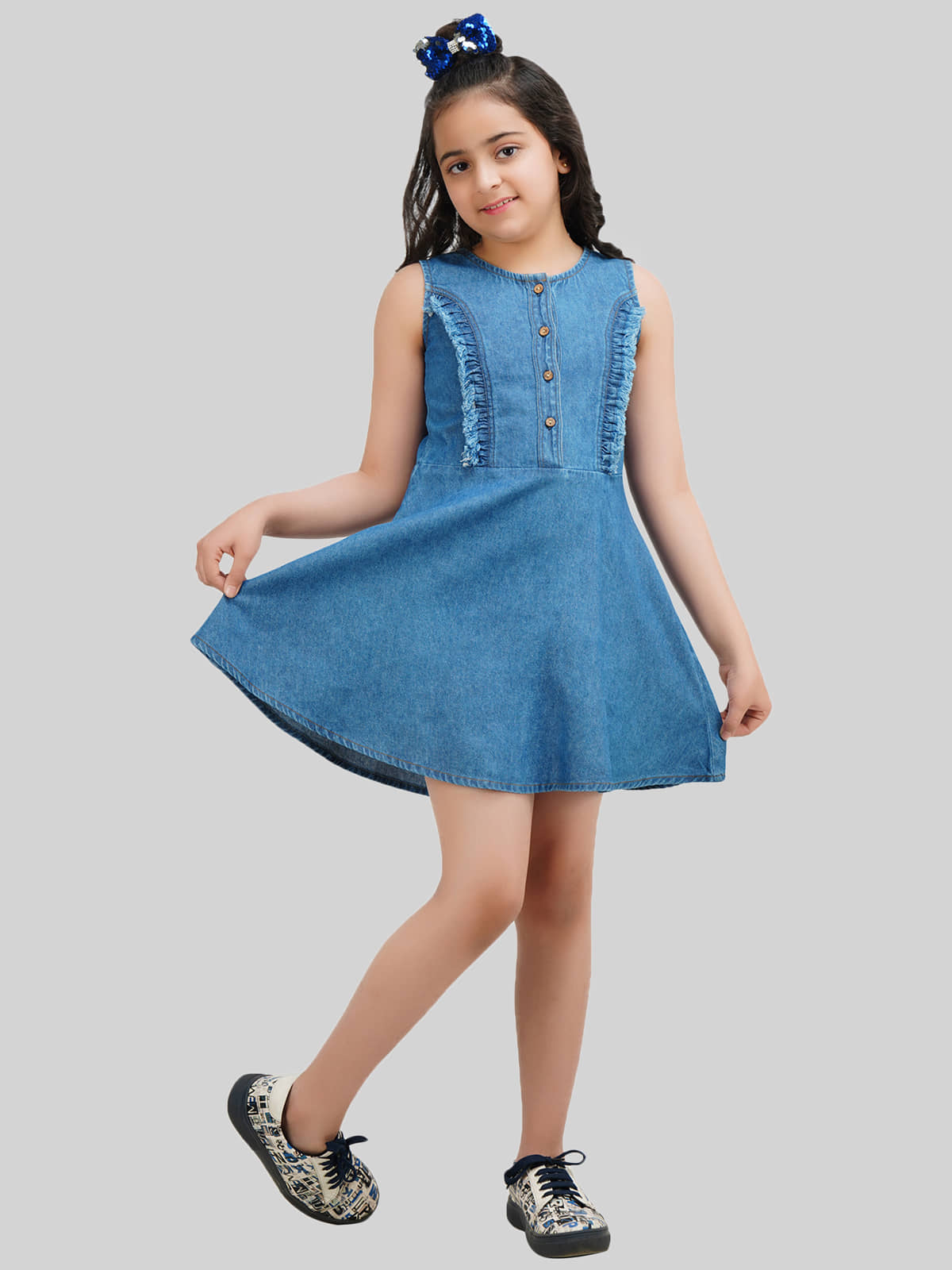 Being Naughty Denim Fit And Flare Dress For Girls ( Pack of 1 , Blue )