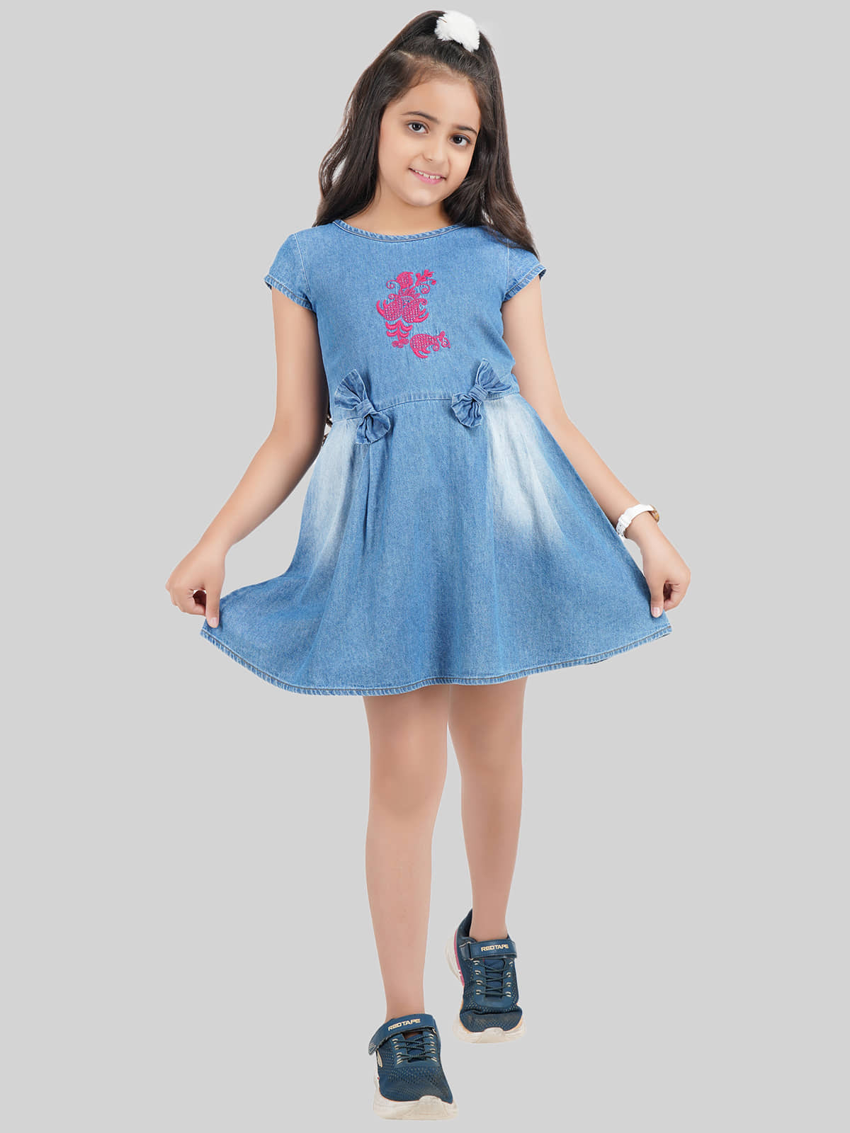 Being Naughty Denim Frock For Girls ( Pack of 1 , Blue )