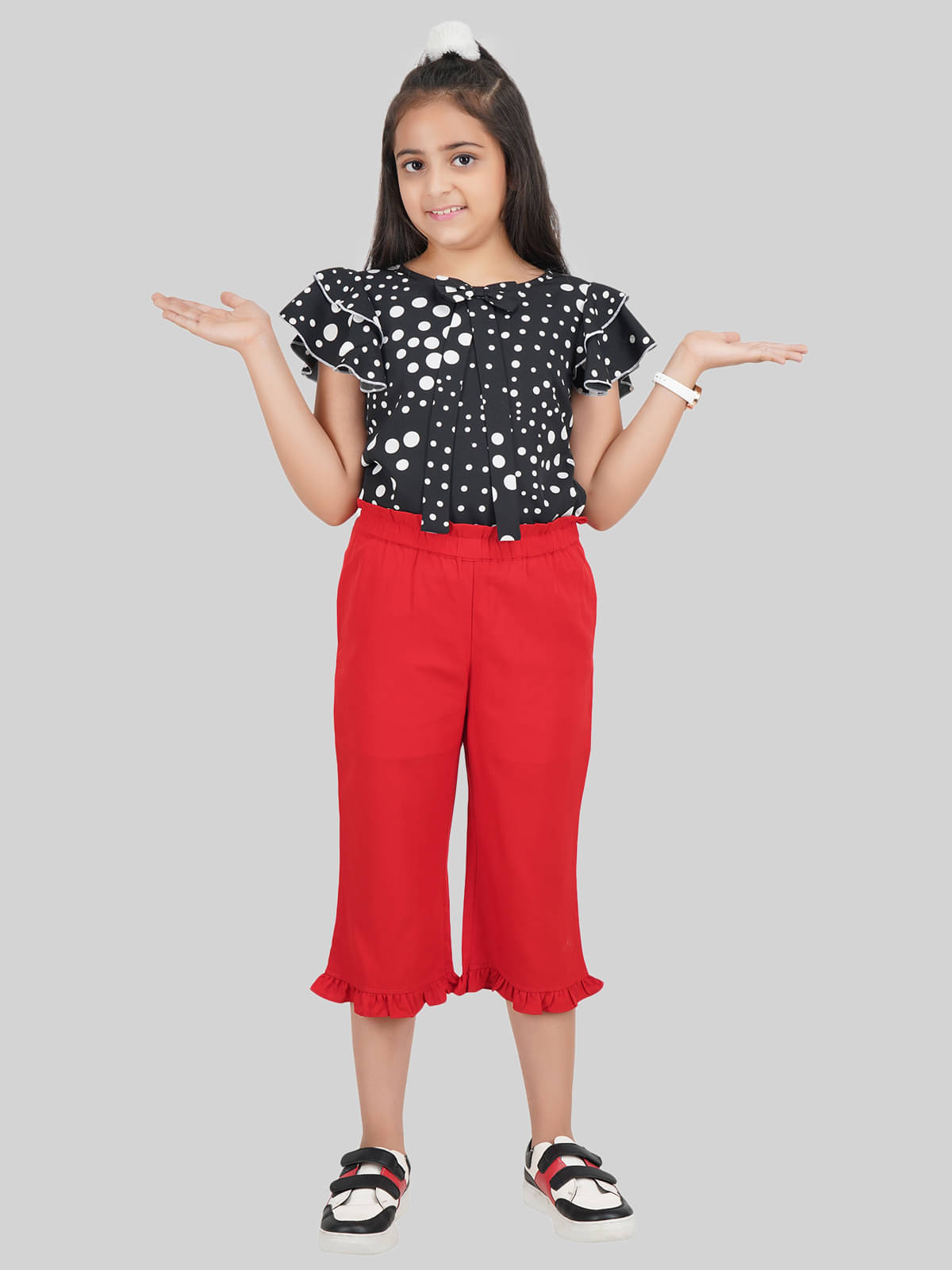     			Being Naughty Pack of 1 Girls Polyester Top With Capris ( Black & Red )