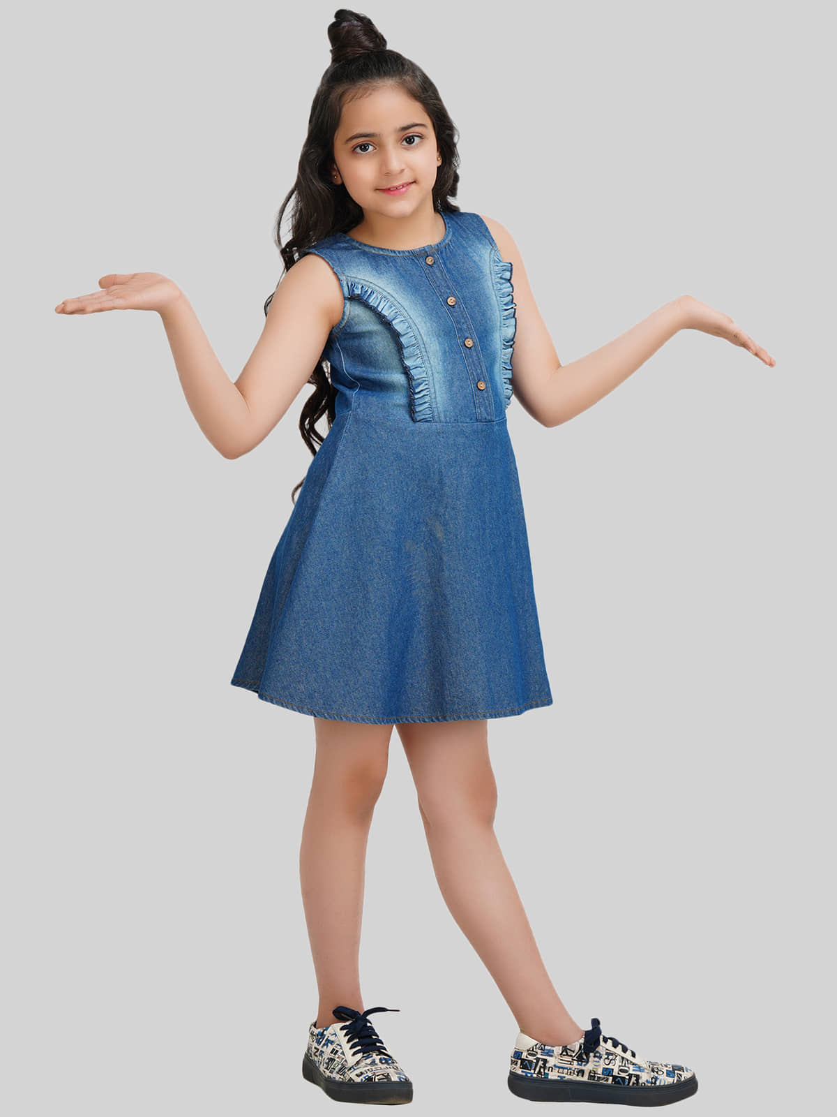 Being Naughty Denim A-line Dress For Girls ( Pack of 1 , Blue )