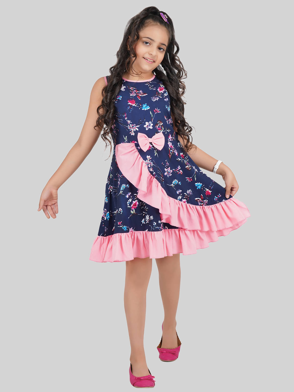     			Being Naughty Polyester Fit And Flare Dress For Girls ( Pack of 1 , Blue & Pink )