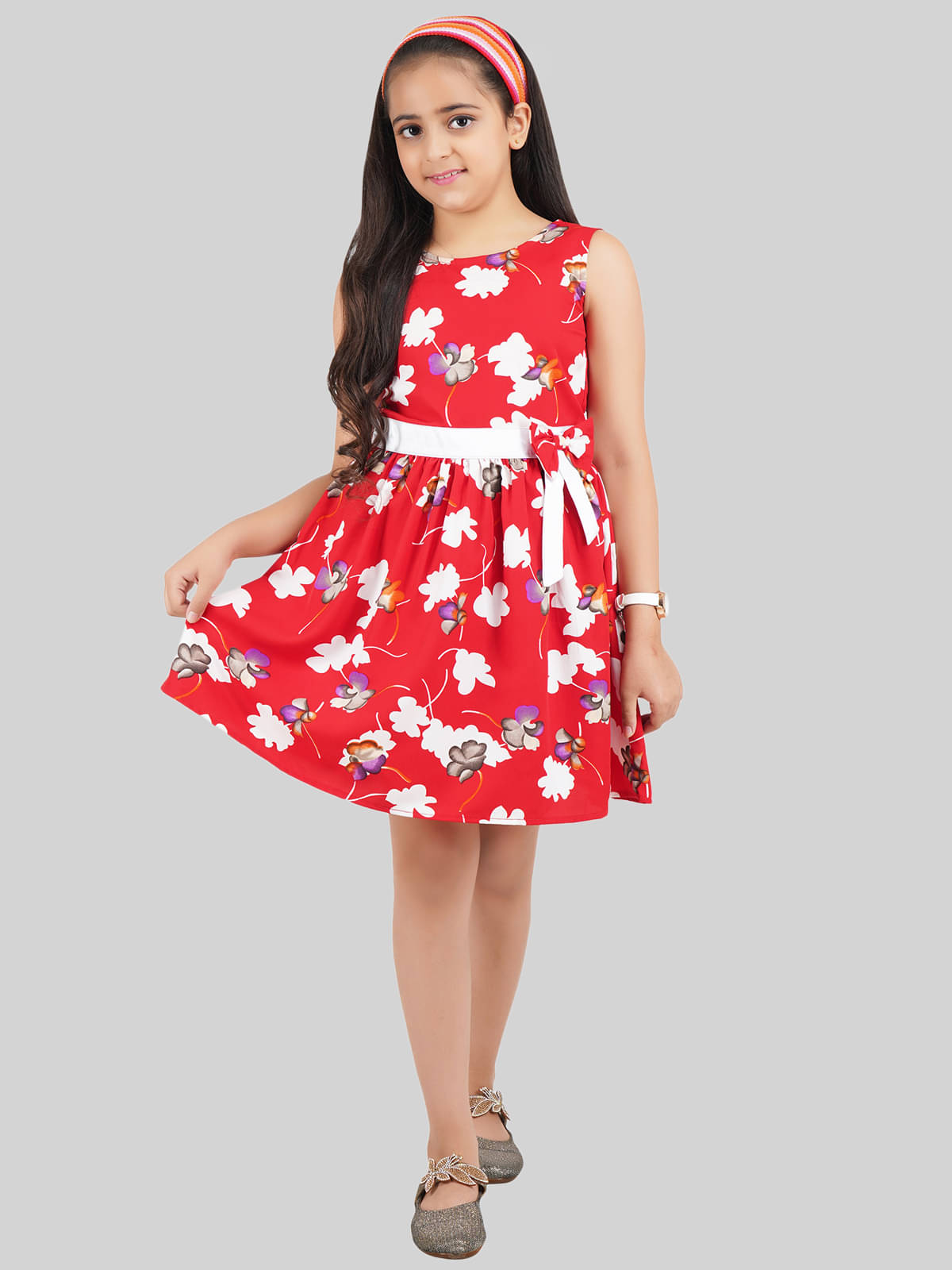     			Being Naughty Polyester Fit And Flare Dress For Girls ( Pack of 1 , Red )