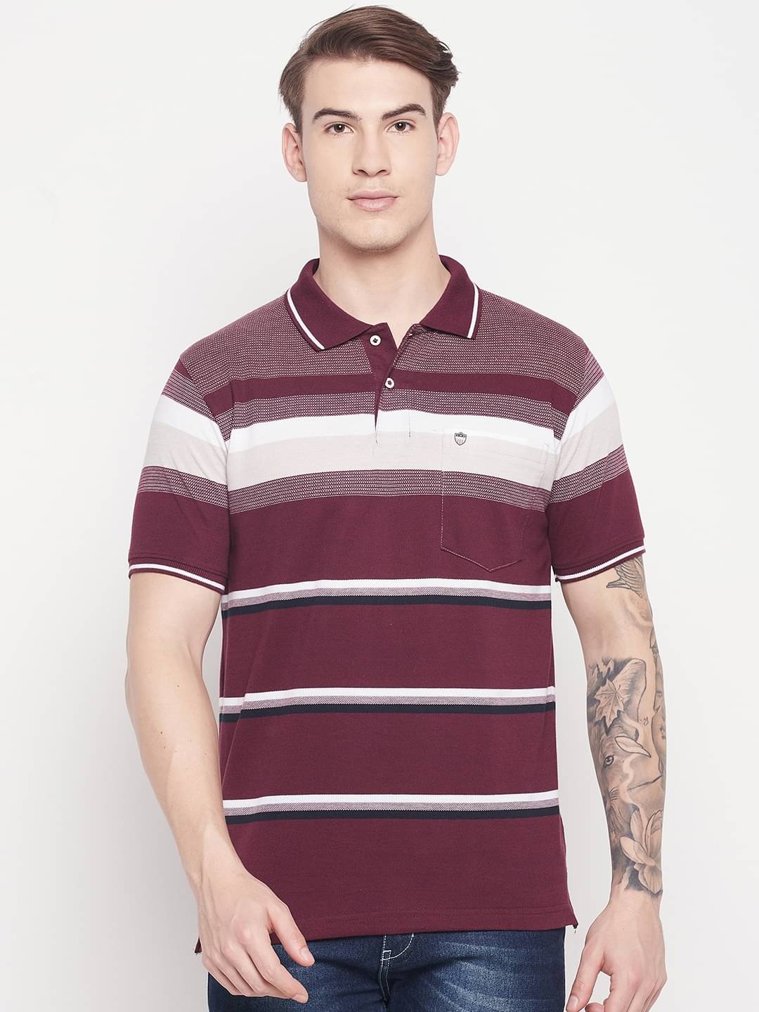     			Duke Pack of 1 Cotton Blend Regular Fit Striped Half Sleeves Men's Polo T Shirt ( Maroon )