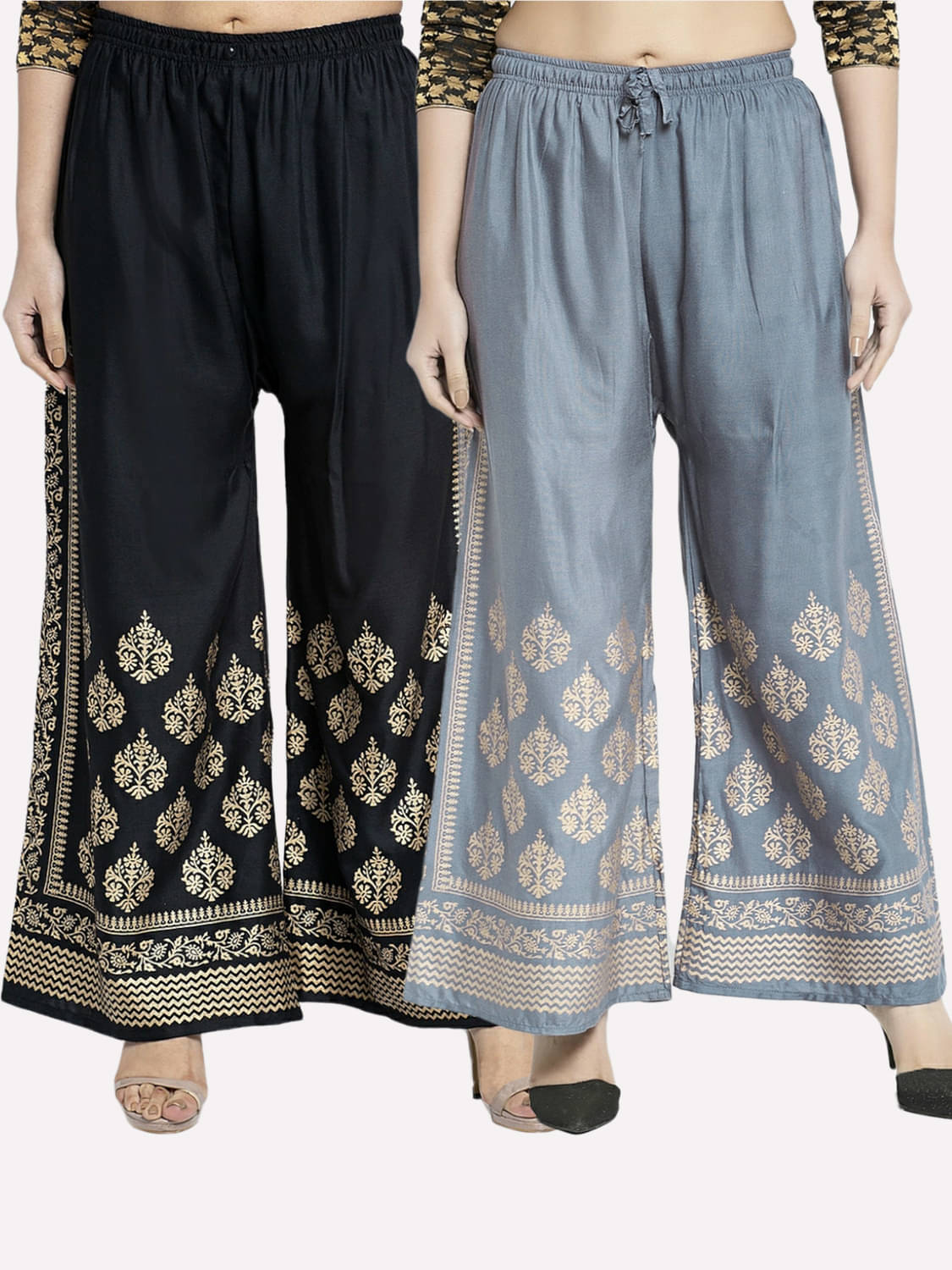 MEYARA - Grey Rayon Flared Women's Palazzos ( Pack of 2 )     			MEYARA - Grey Rayon Flared Women's Palazzos ( Pack of 2 )