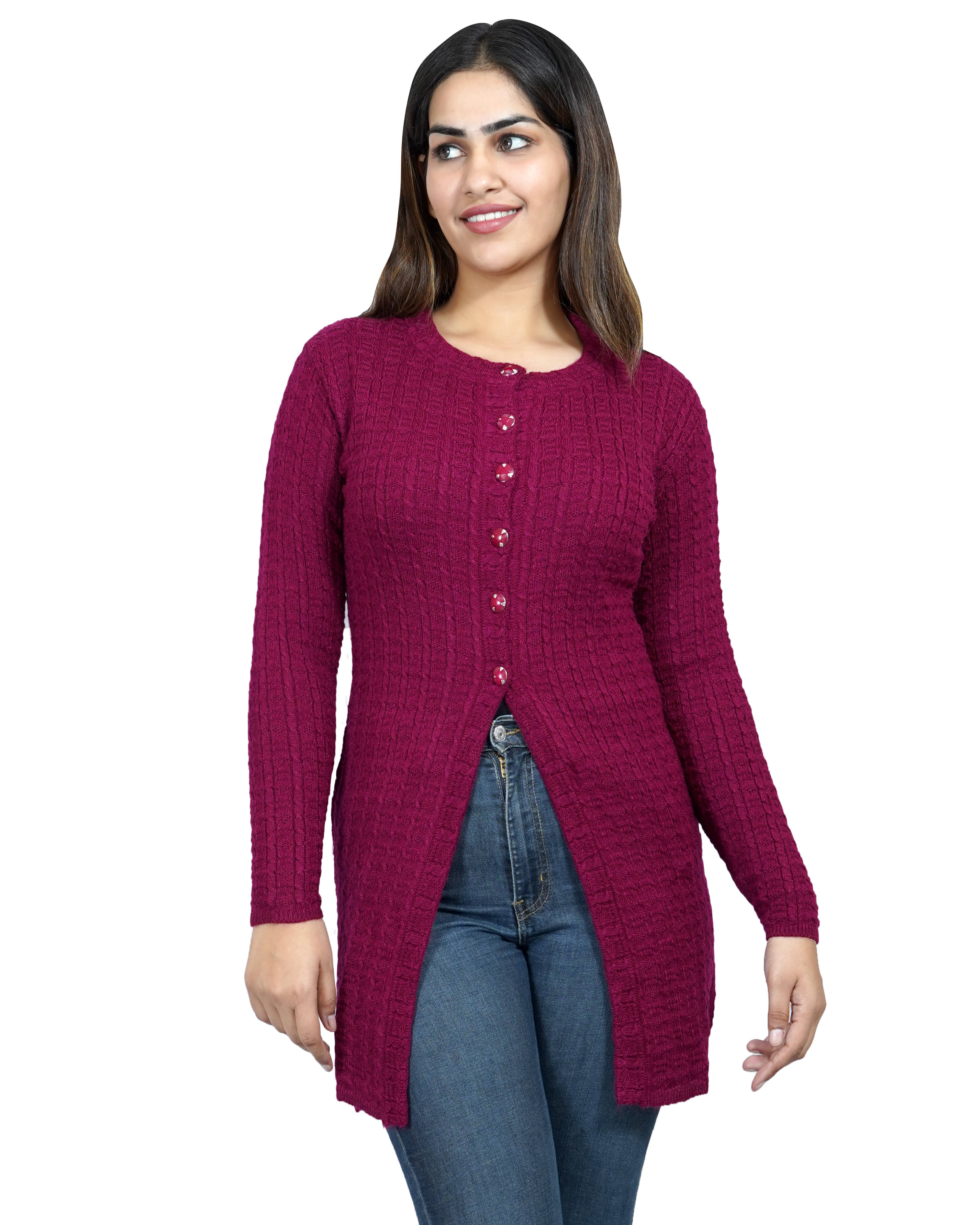 Ogarti Women Woollen Round Neck Cardigan ( Purple )     			Ogarti Women Woollen Round Neck Cardigan ( Purple )