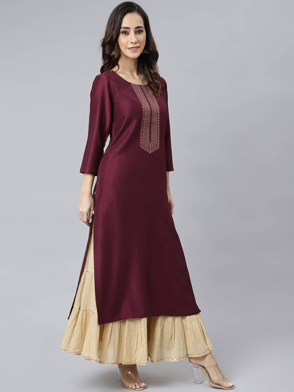Janasya - Wine Silk Blend Women's Straight Kurti ( Pack of 1 ) - Kurtis, Tunics | Buy online on ZillyBuy