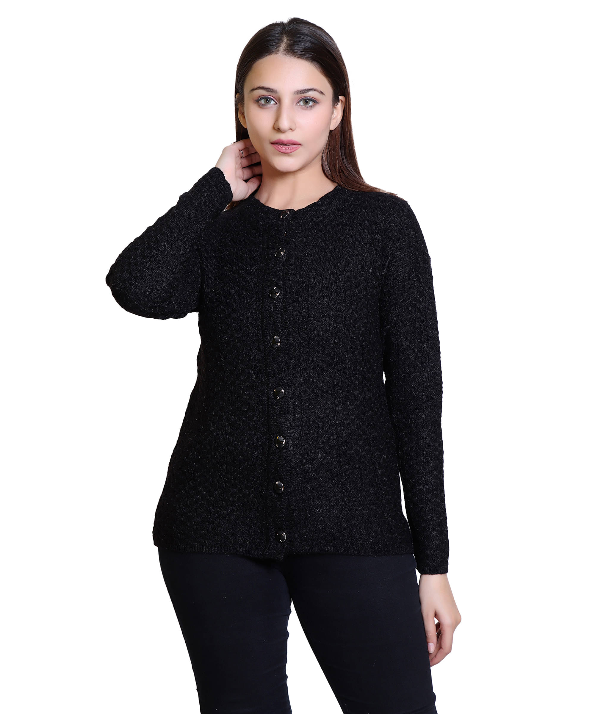     			Ogarti Women Woollen Round Neck Cardigan ( Black )