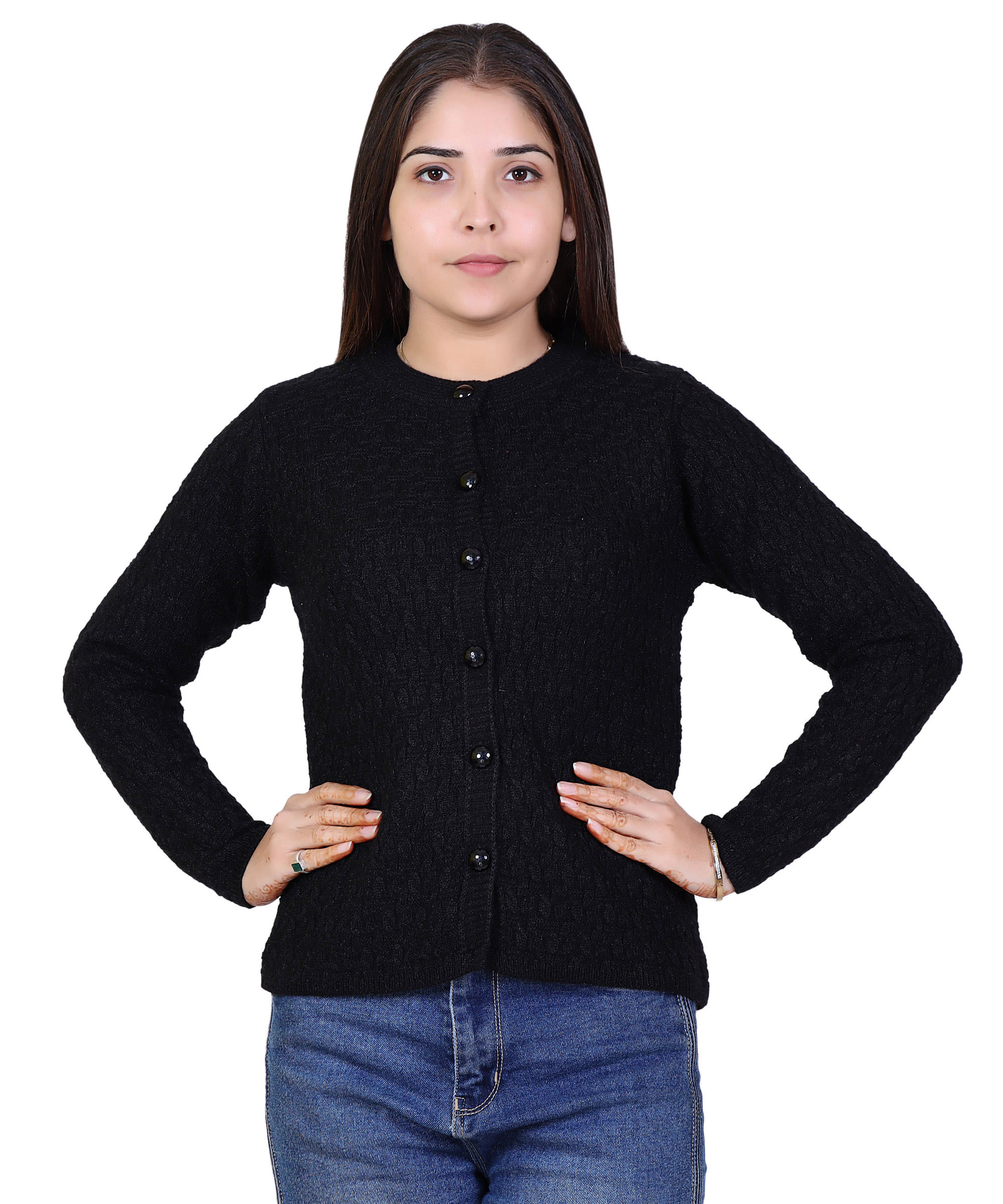     			Ogarti Women Woollen Round Neck Cardigan ( Black )