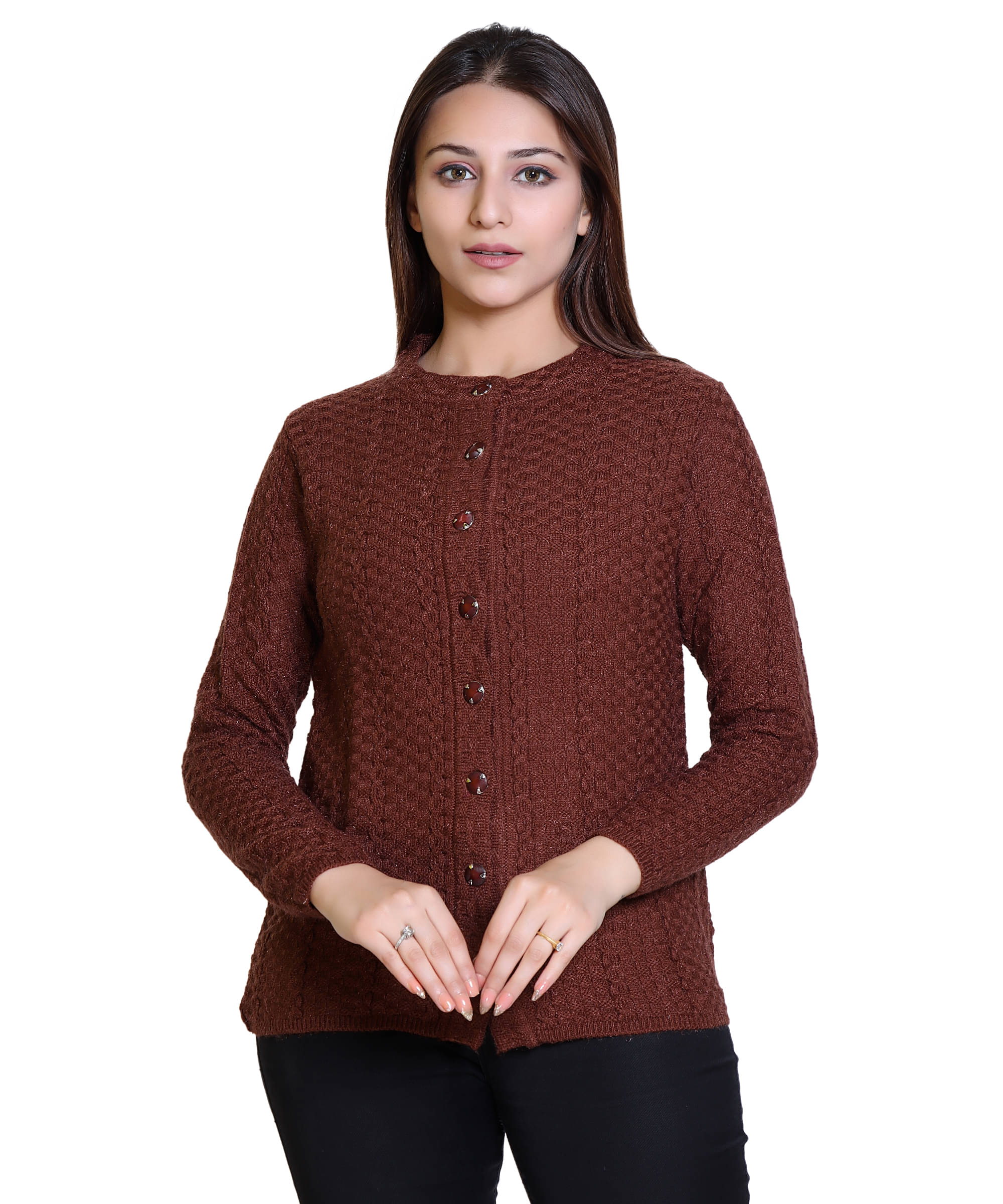 Ogarti Women Woollen Round Neck Cardigan ( Brown ) Ogarti Women Woollen Round Neck Cardigan ( Brown )