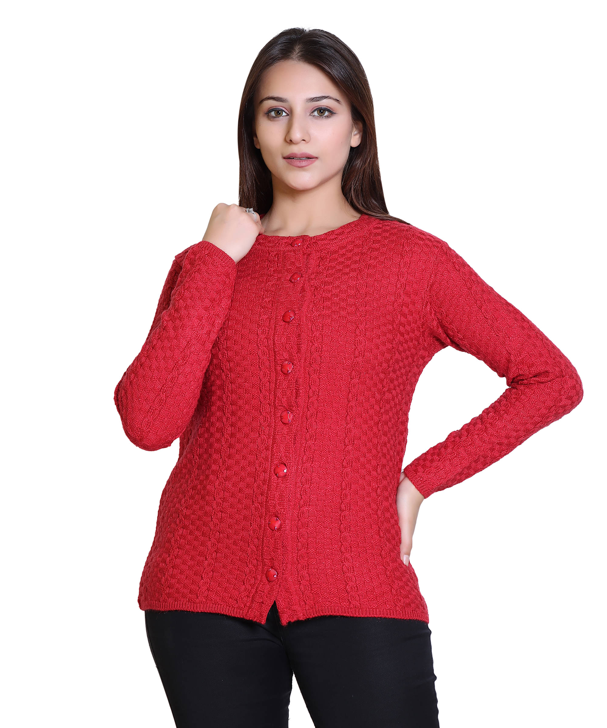 Ogarti Woollen Red Buttoned Cardigans - Single Ogarti Woollen Red Buttoned Cardigans - Single