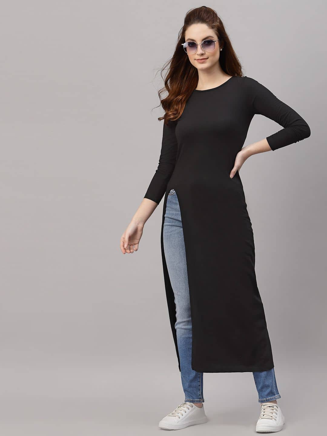 Rigo - Black Cotton Women's Front Slit Kurti ( Pack of 1 ) - Kurtis, Tunics | Buy online on ZillyBuy
