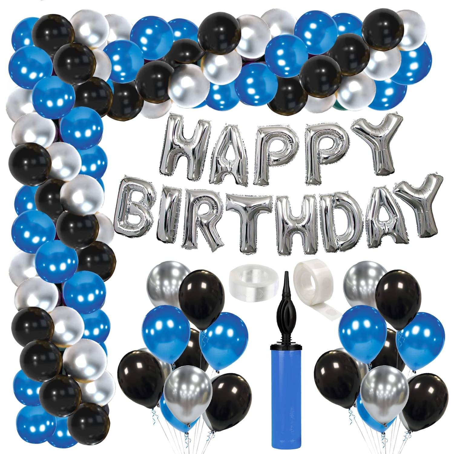    			Zyozi Blue Balloon Garland Arch Kit 79pcs Blue Silver and Black Mettalic Balloon with Happy Birthday Foil Balloon for Birthday Decoration Baby Shower Graduation Decoration