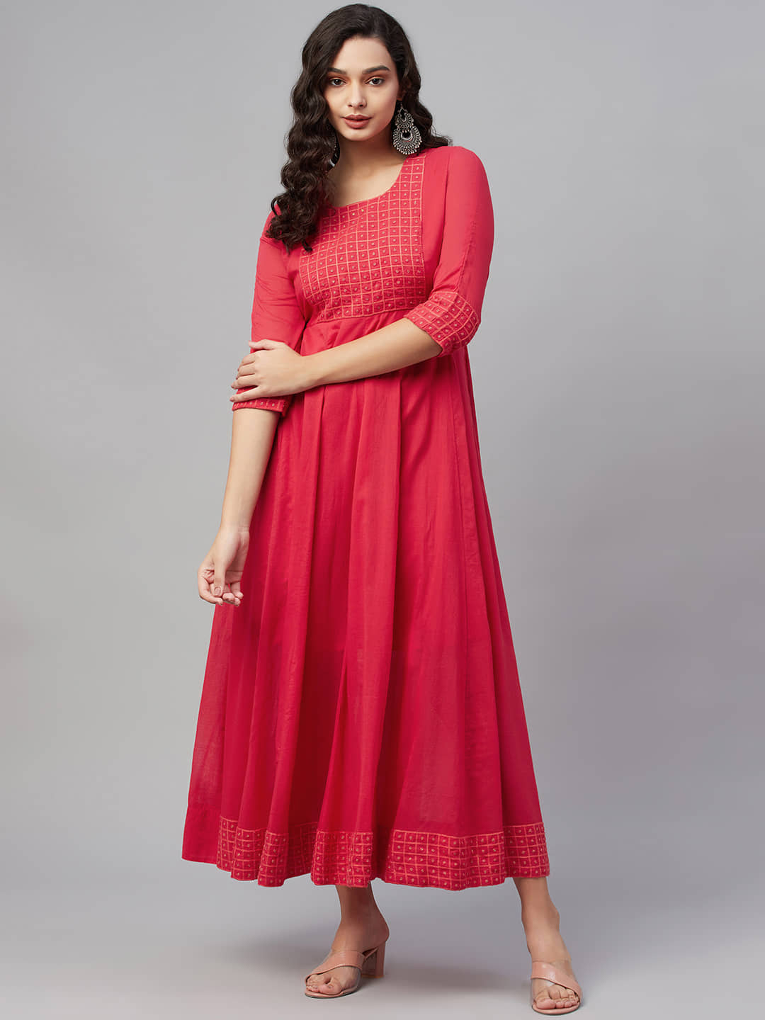 AMIRA'S INDIAN ETHNICWEAR Women Cotton Embroidered Ethnic Dress ( Red )