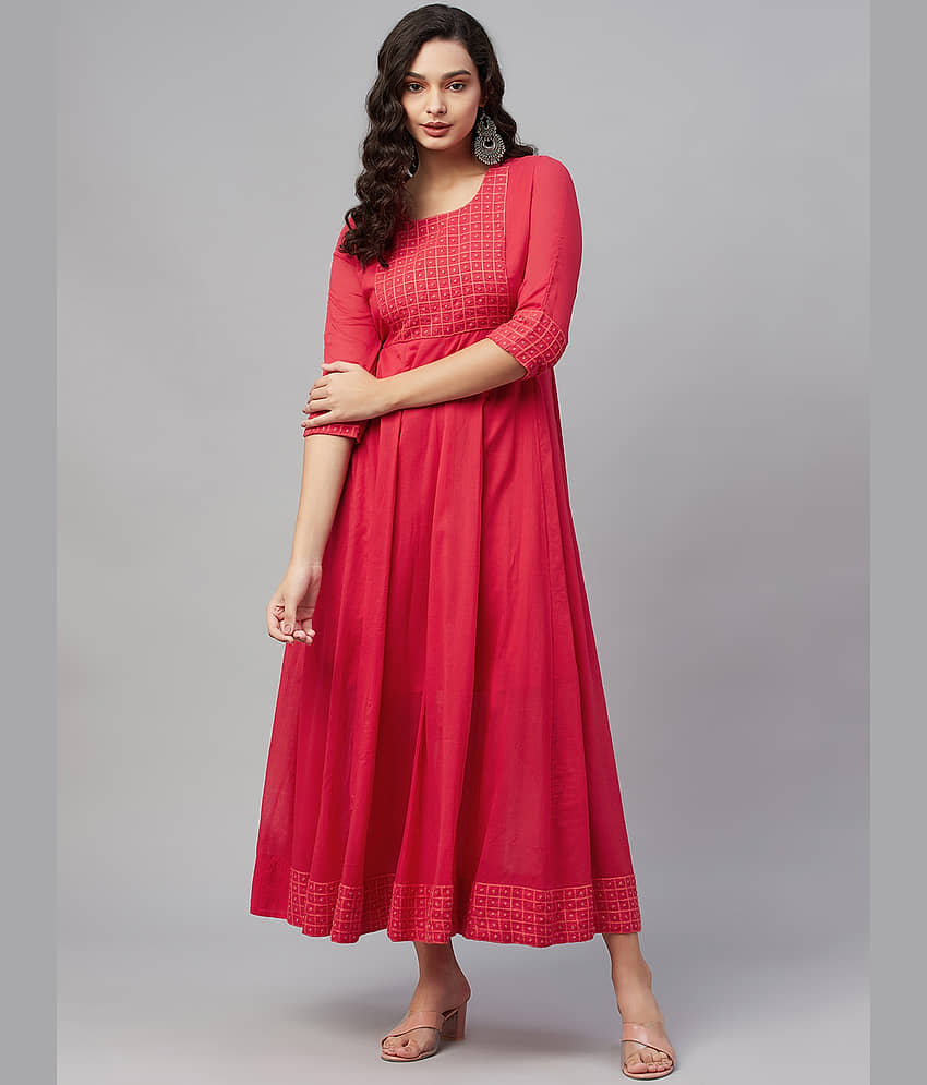 AMIRA'S INDIAN ETHNICWEAR Women Cotton Embroidered Ethnic Dress ( Red )