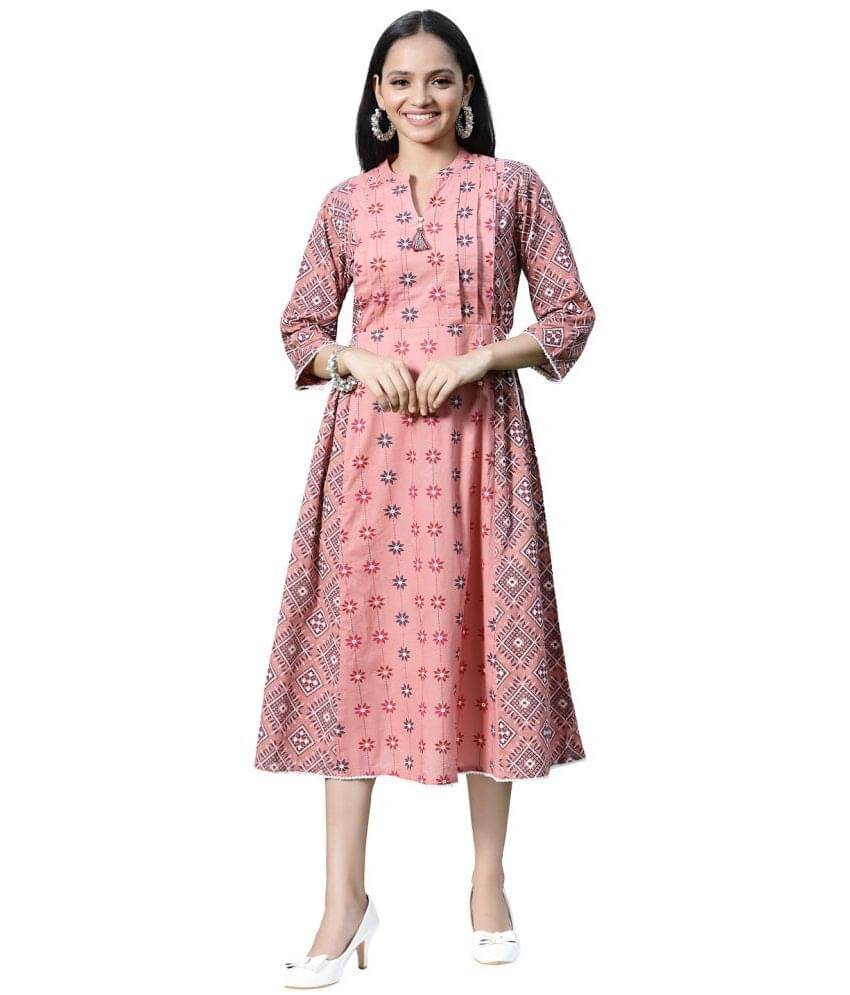 Juniper - Peach Cotton Blend Women's A-line Kurti ( Pack of 1 ) Juniper - Peach Cotton Blend Women's A-line Kurti ( Pack of 1 )