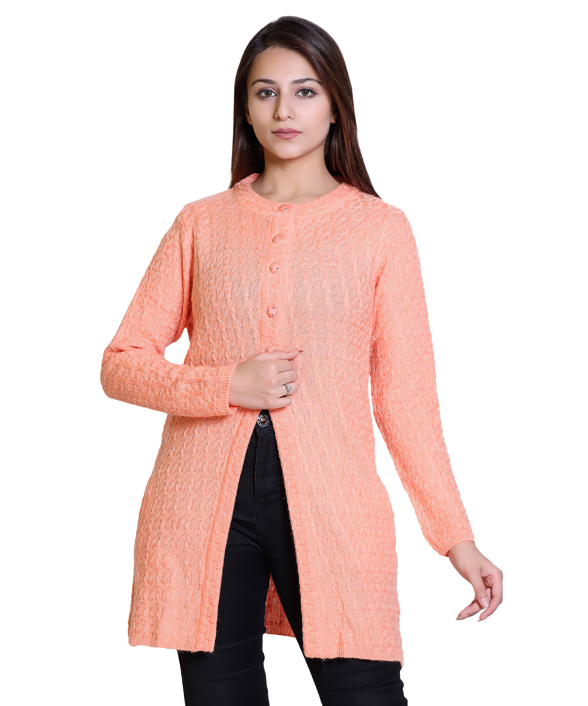     			Ogarti Woollen Peach Buttoned Cardigans - Single