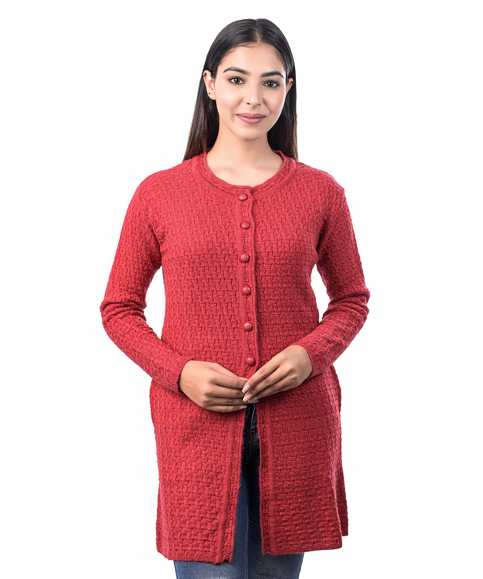     			Ogarti Women Woollen Round Neck Cardigan ( Rust )