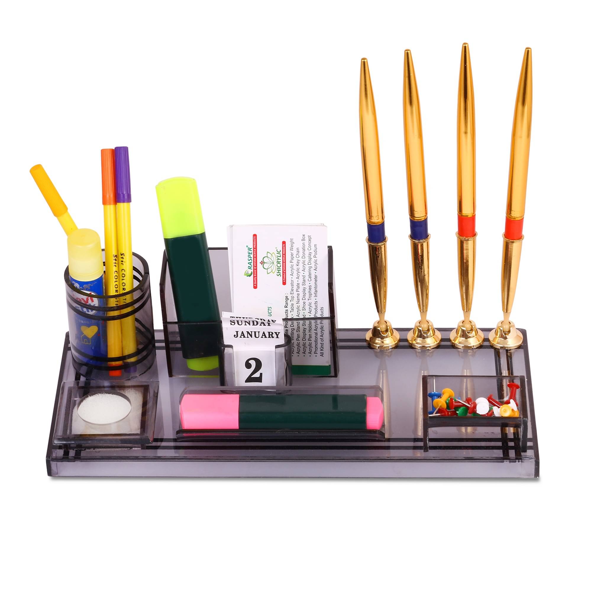     			Rasper Acrylic Pen Stand Table Top With 4 Pen Holder And Visiting Card Holder Multipurpose Desk Organiser Pen Holder For Office Table (11x5 Inches)