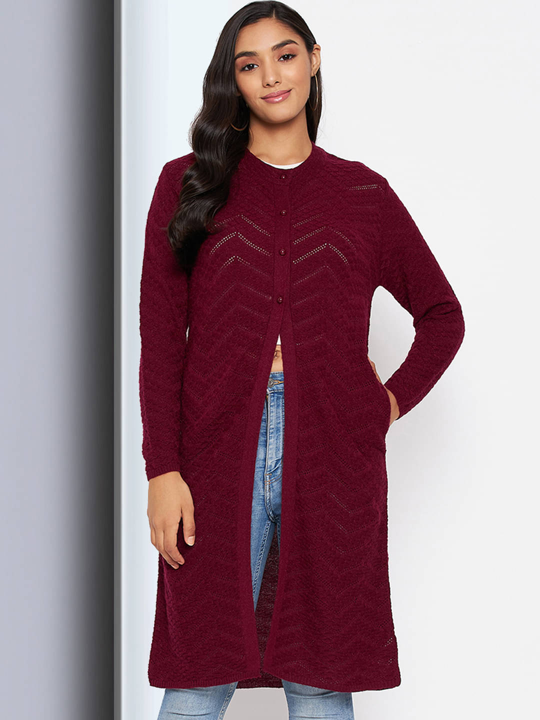     			Clapton Women Acro Wool Round Neck Cardigan ( Maroon )