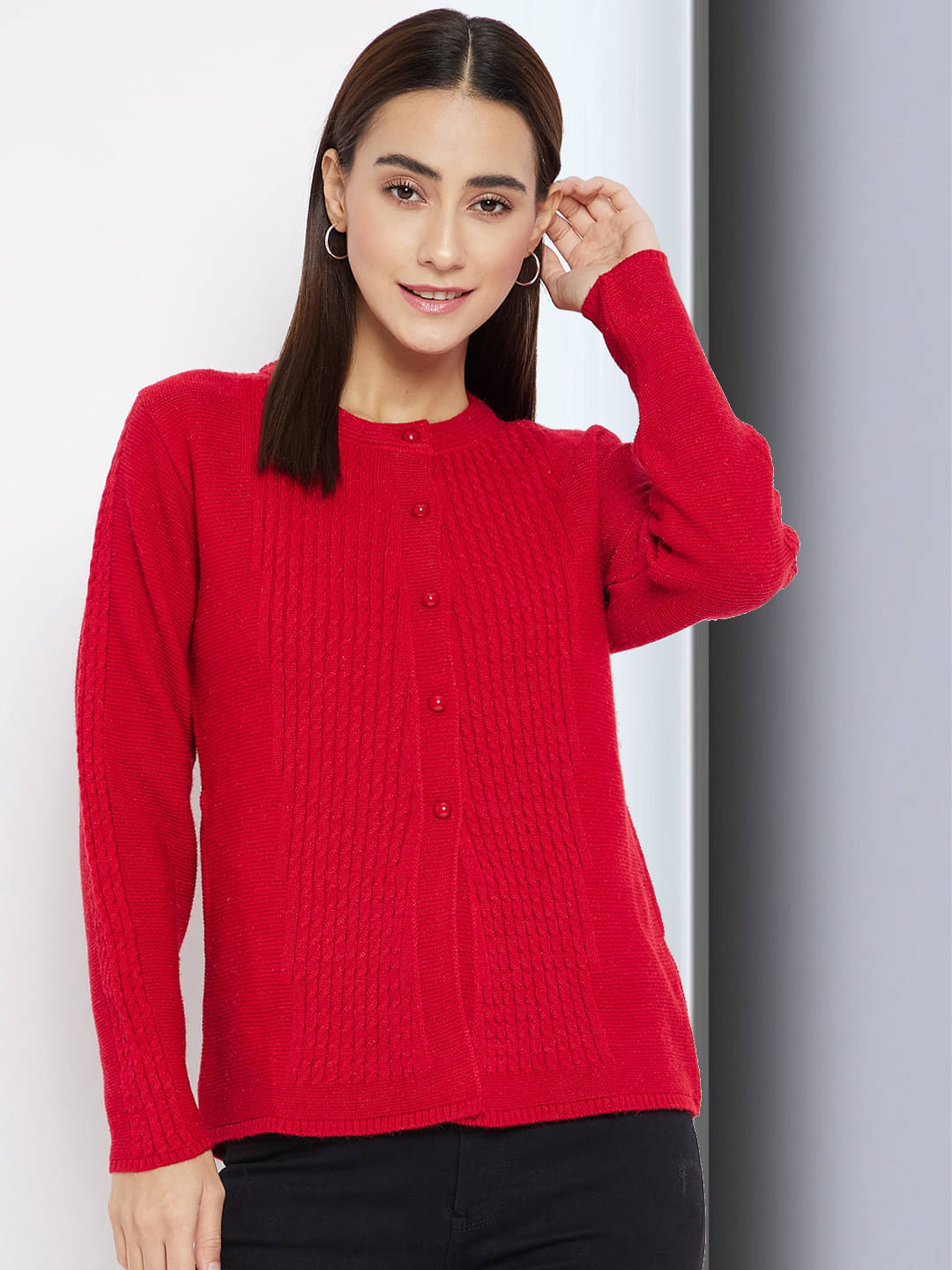     			Clapton Acro Wool Red Buttoned Cardigans -