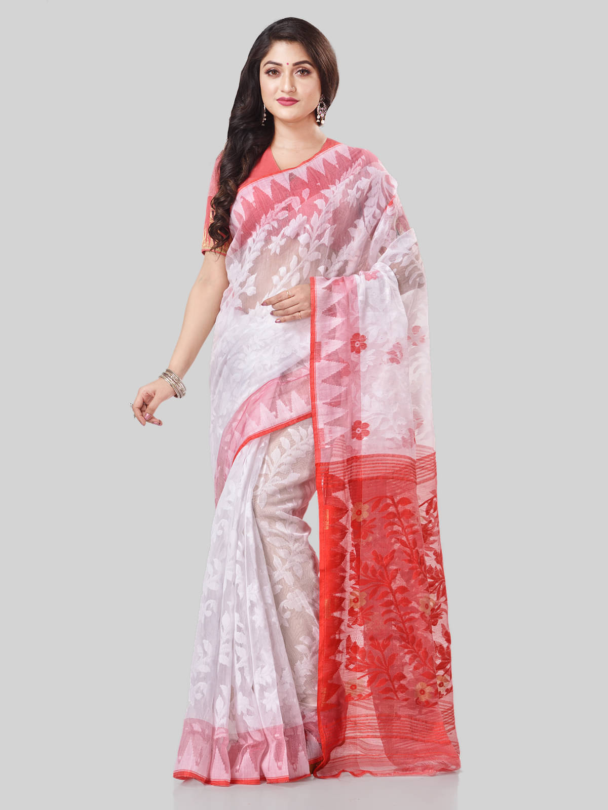 Desh Bidesh Cotton Self Design Saree With Unstitched Blouse Piece ( Red ) Desh Bidesh Cotton Self Design Saree With Unstitched Blouse Piece ( Red )