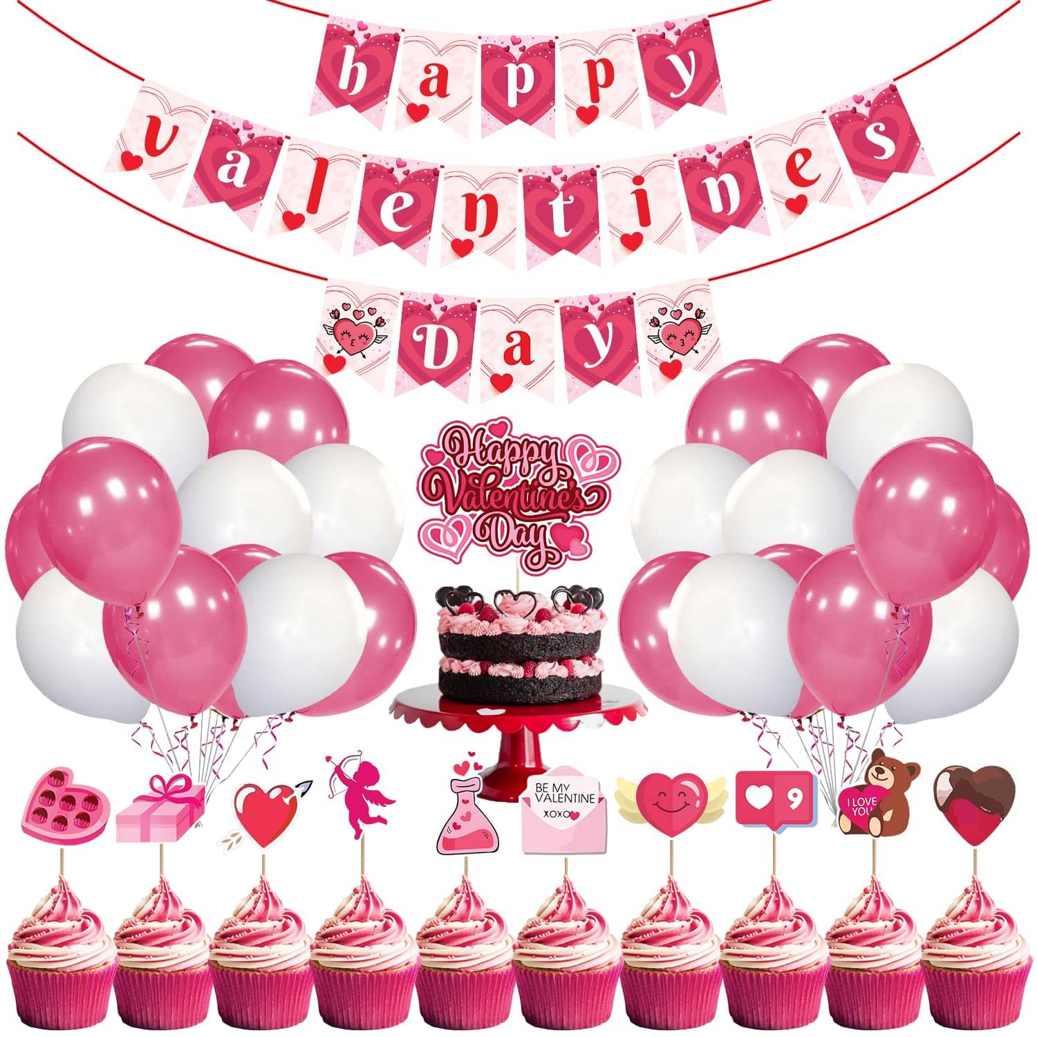     			Zyozi  Happy Valentine’s Day Decoration Combo, Valentine’s Day Banner,Cake Topper, Cup Cake Topper and Balloon for Valentine’s Day Party Decorations, Wedding Anniversary Party Decorations, Photo Prop (Set of 37)
