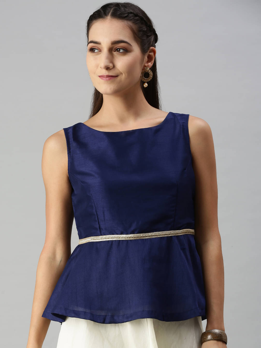     			De Moza Women's Polyester Peplum Top ( Navy Blue )