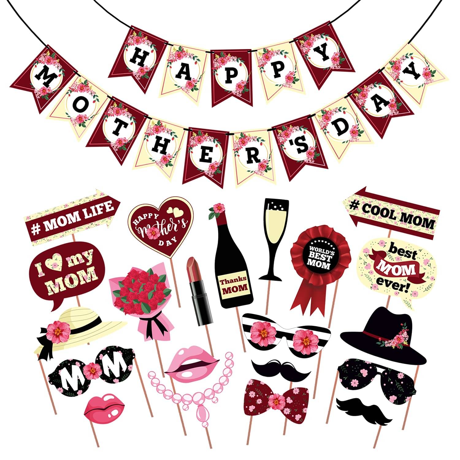     			Zyozi  1 Set Happy Mothers Day Banner and 21 Mothers Day Props Mother's Day Photo Booth Props I Love You Best Mom Ever 2021 Thanksgiving Party Favors for Mother's Birthday, (Pack of 22) (Set of 22)
