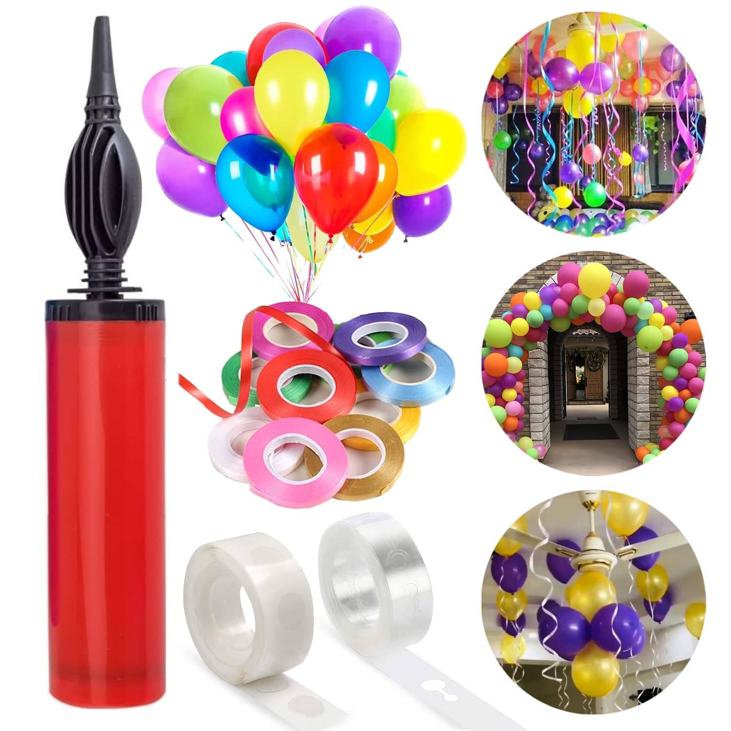     			Zyozi  9 Piece Balloon Arch Decorating Kit|1 Balloon Hand Pump | 6 Colorful Curling Ribbon |1 Roll Arch Strip for Garland | (100 Dot) 1 Glue Dots Double Sided