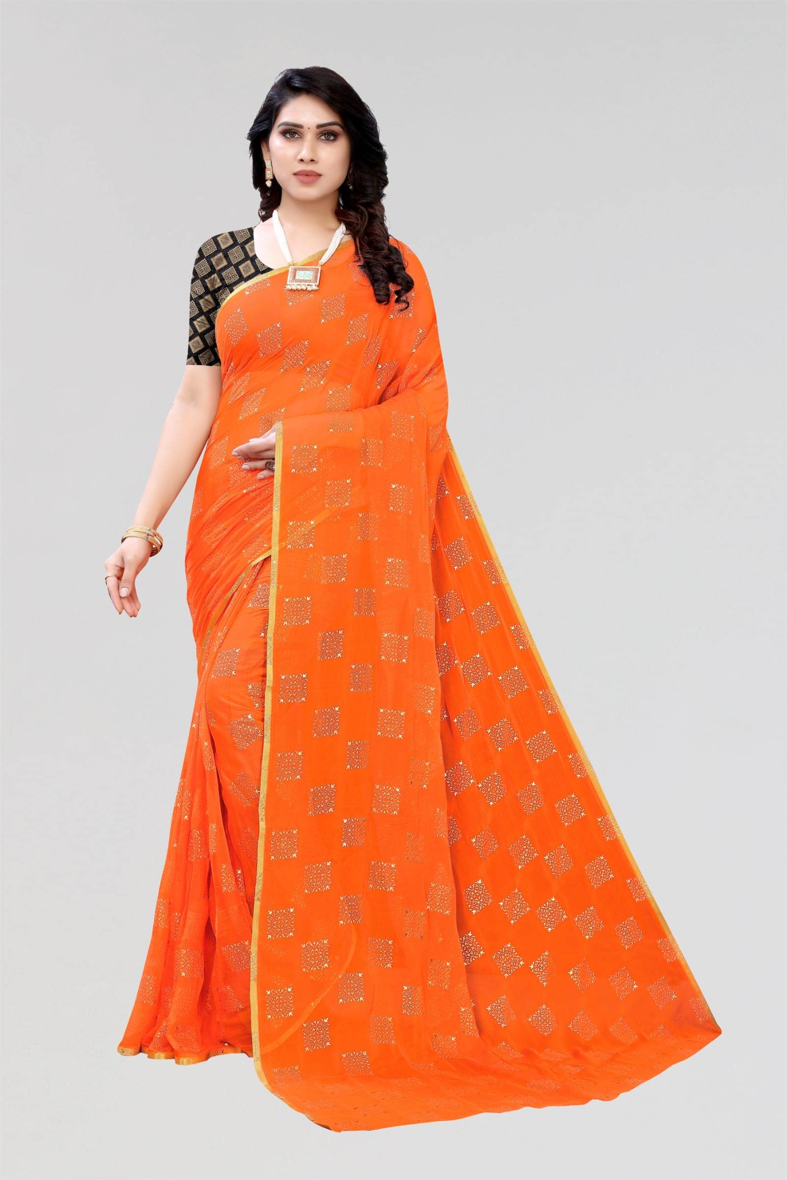 FABMORA Chiffon Printed Saree With Unstitched Blouse Piece ( Orange ) FABMORA Chiffon Printed Saree With Unstitched Blouse Piece ( Orange )