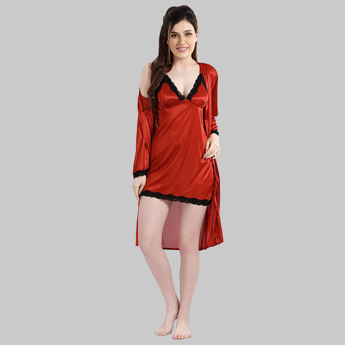 Gutthi - Red Satin Women's Nightwear Robes ( Pack of 1 )     			Gutthi - Red Satin Women's Nightwear Robes ( Pack of 1 )