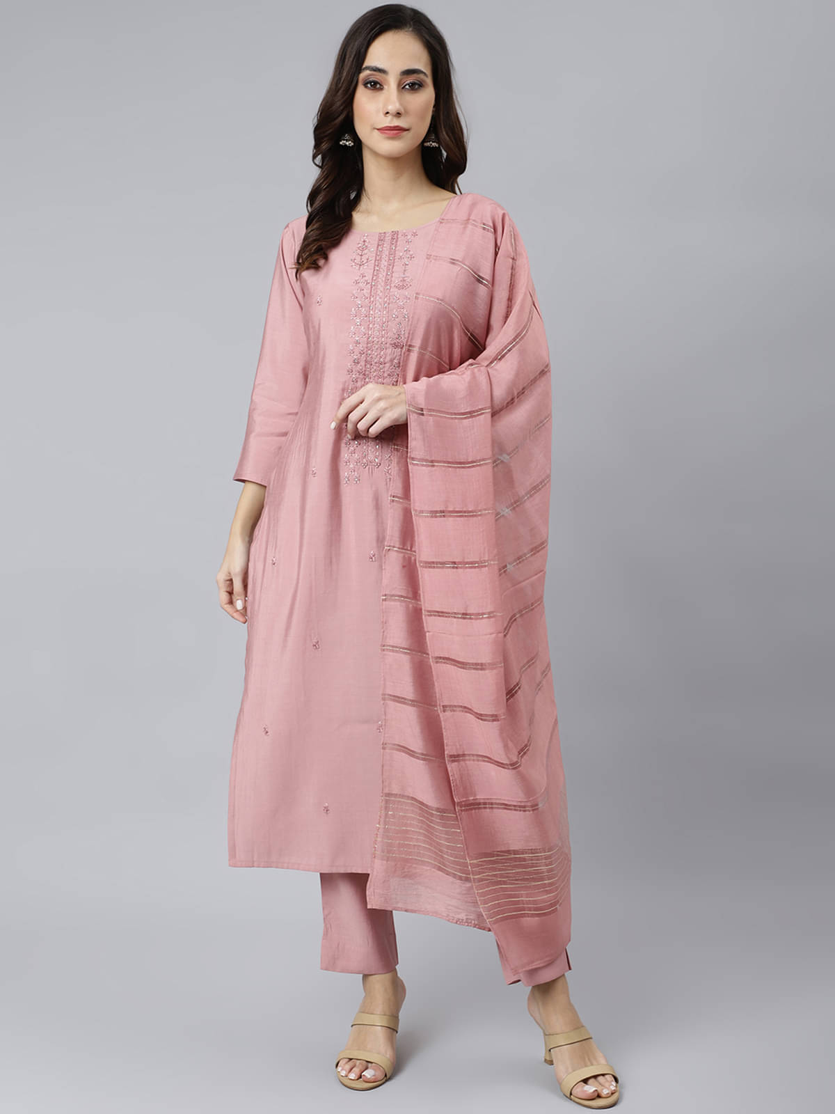 Janasya - Pink Straight Silk Blend Women's Stitched Salwar Suit ( Pack of 1 ) Janasya - Pink Straight Silk Blend Women's Stitched Salwar Suit ( Pack of 1 )