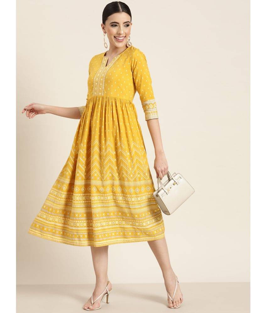 Juniper - Mustard Rayon Women's Fit & Flare Dress ( Pack of 1 ) Juniper - Mustard Rayon Women's Fit & Flare Dress ( Pack of 1 )