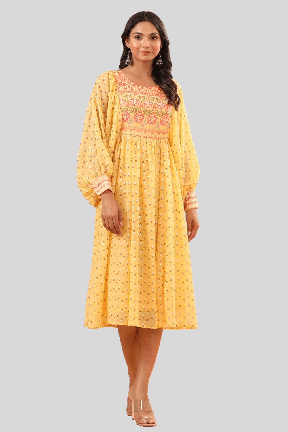     			Juniper - Yellow Georgette Women's Fit & Flare Dress ( Pack of 1 )